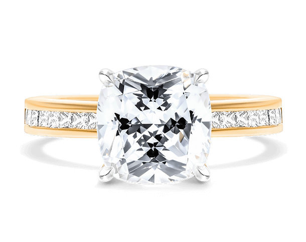 A channel-set engagement ring in yellow gold.
