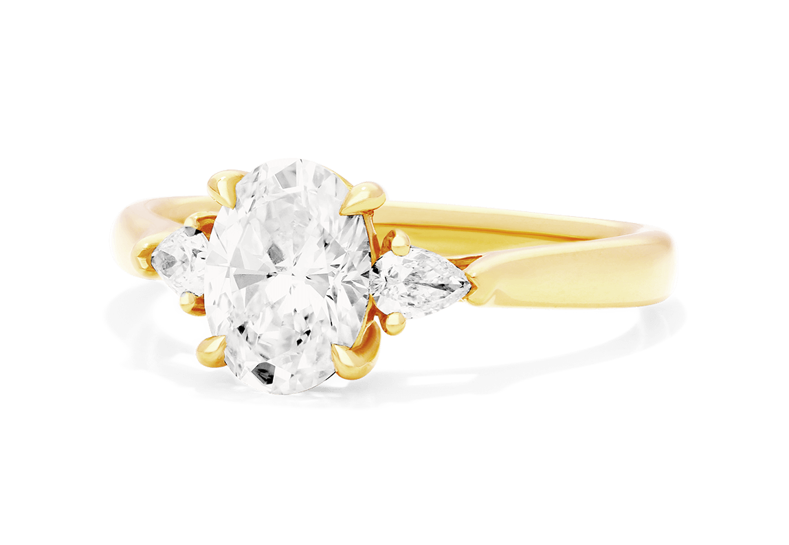 Yellow Gold Three Stone Pear Shaped Engagement Ring
