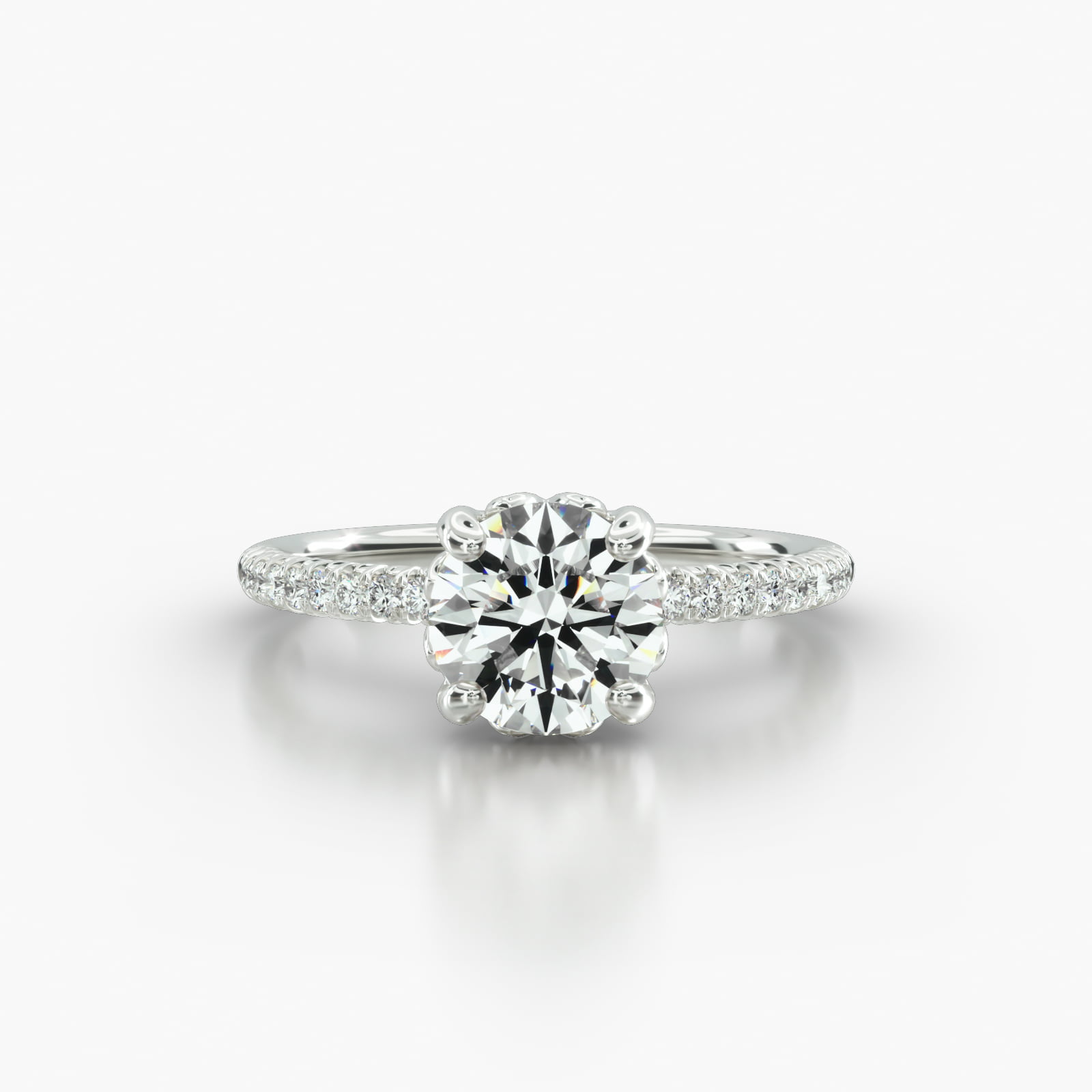 Petite French Pavé Engagement Ring Embellished With a Four Prong Lotus Basket Head