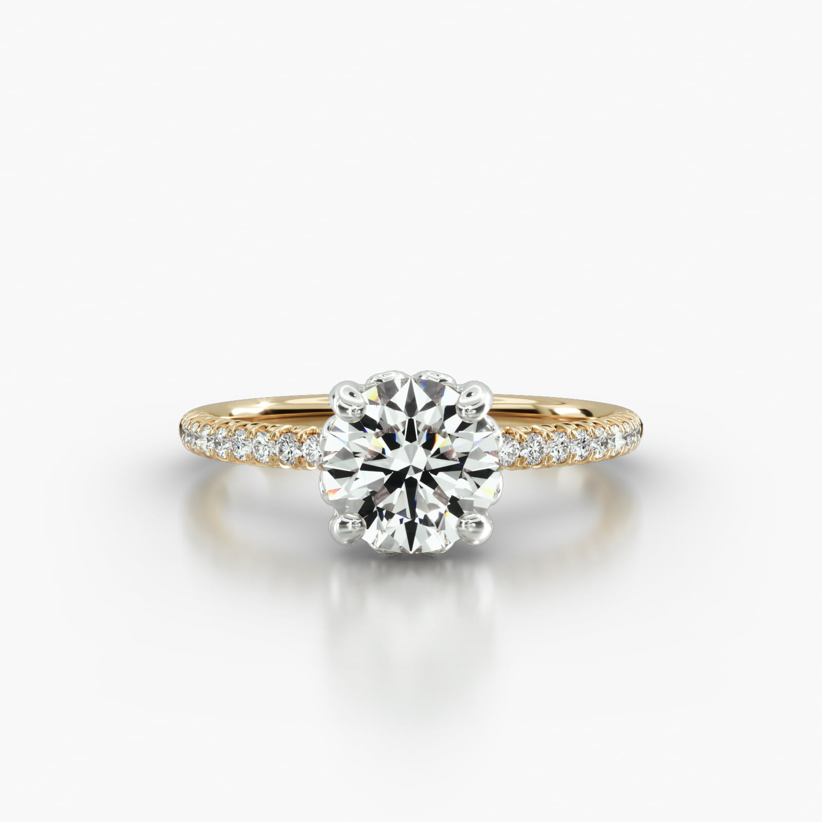 Petite French Pavé Engagement Ring Embellished With a Four Prong Lotus Basket Head
