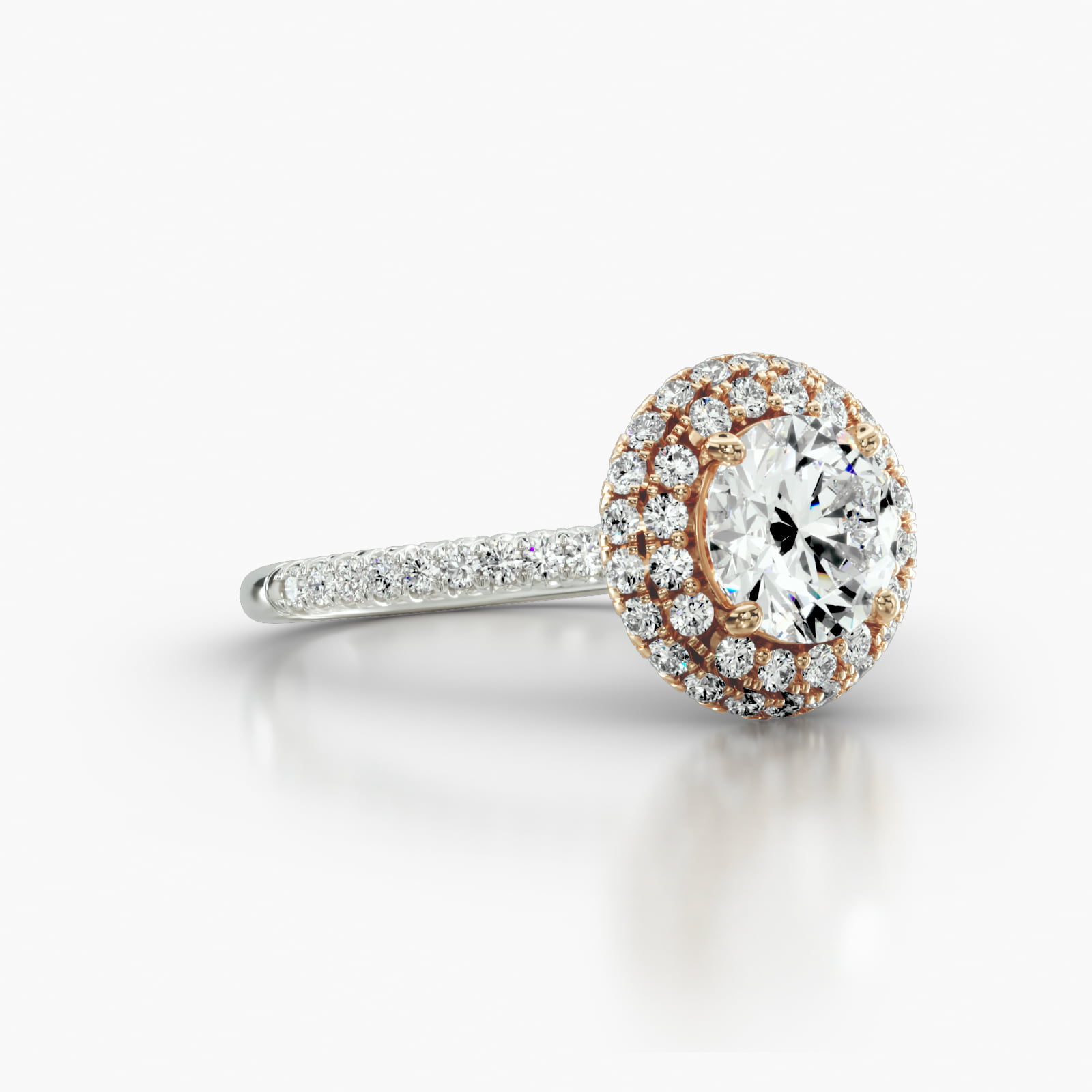 Petite French Pavé Engagement Ring Embellished With a Falling Edge Pavé Halo Head