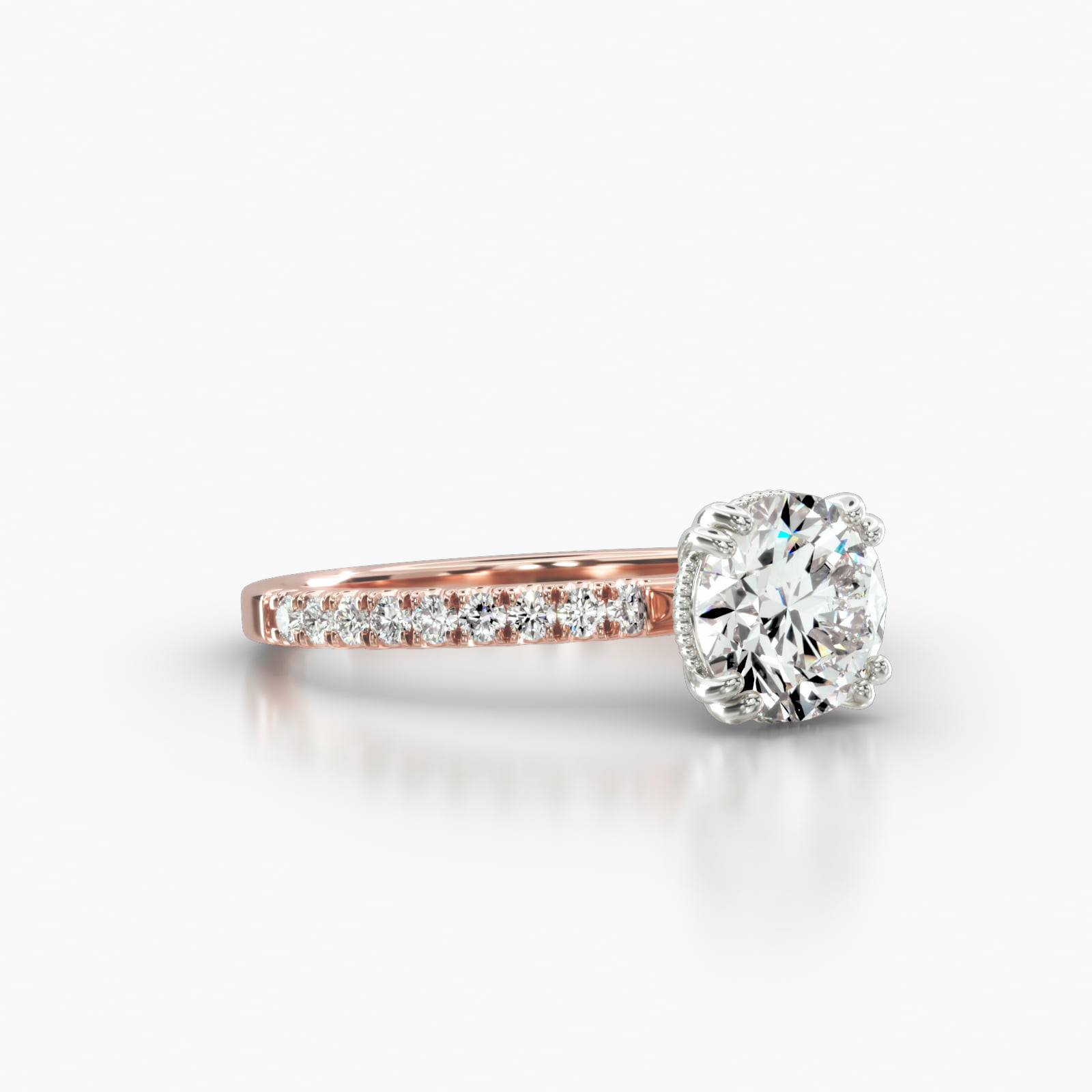 Petite U Shaped Pavé Engagement Ring Embellished With a Vintage Basket Head