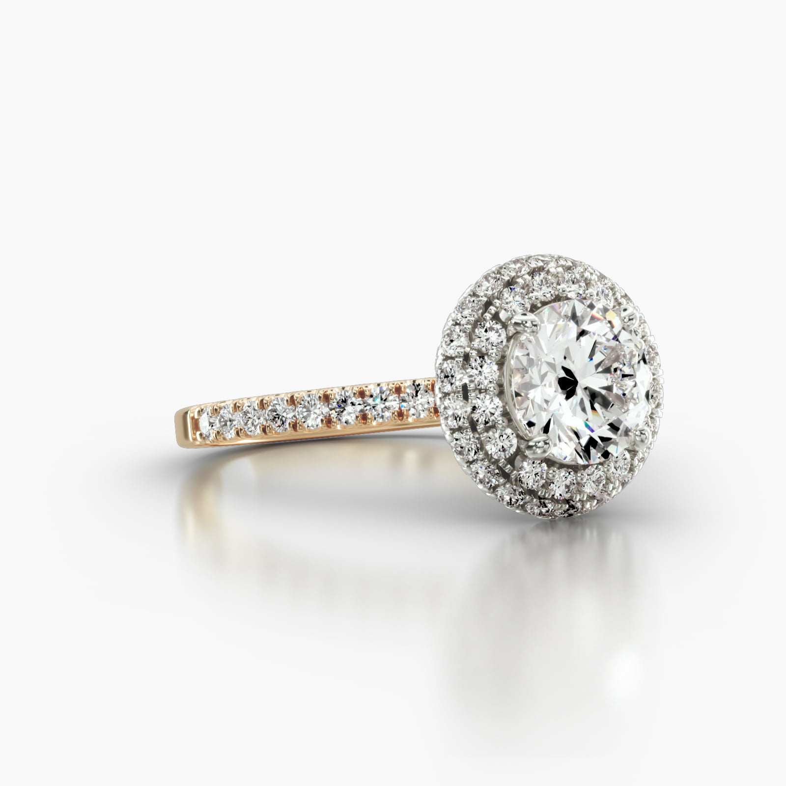 Petite U Shaped Pavé Engagement Ring Embellished With a Falling Edge Pavé Halo Head