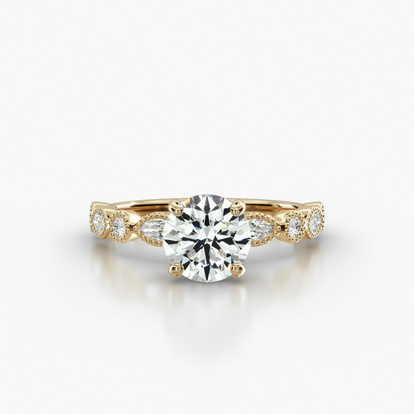 Round & Marquise Shape Diamond Engagement Ring Embellished With a Four Prong Signature Head With Diamond Bridge Accent