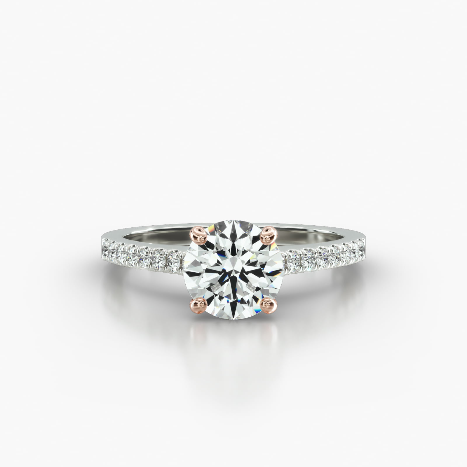 Cathedral Petite Pavé Engagement Ring Embellished With a Four Prong Signature Head With Diamond Bridge Accent