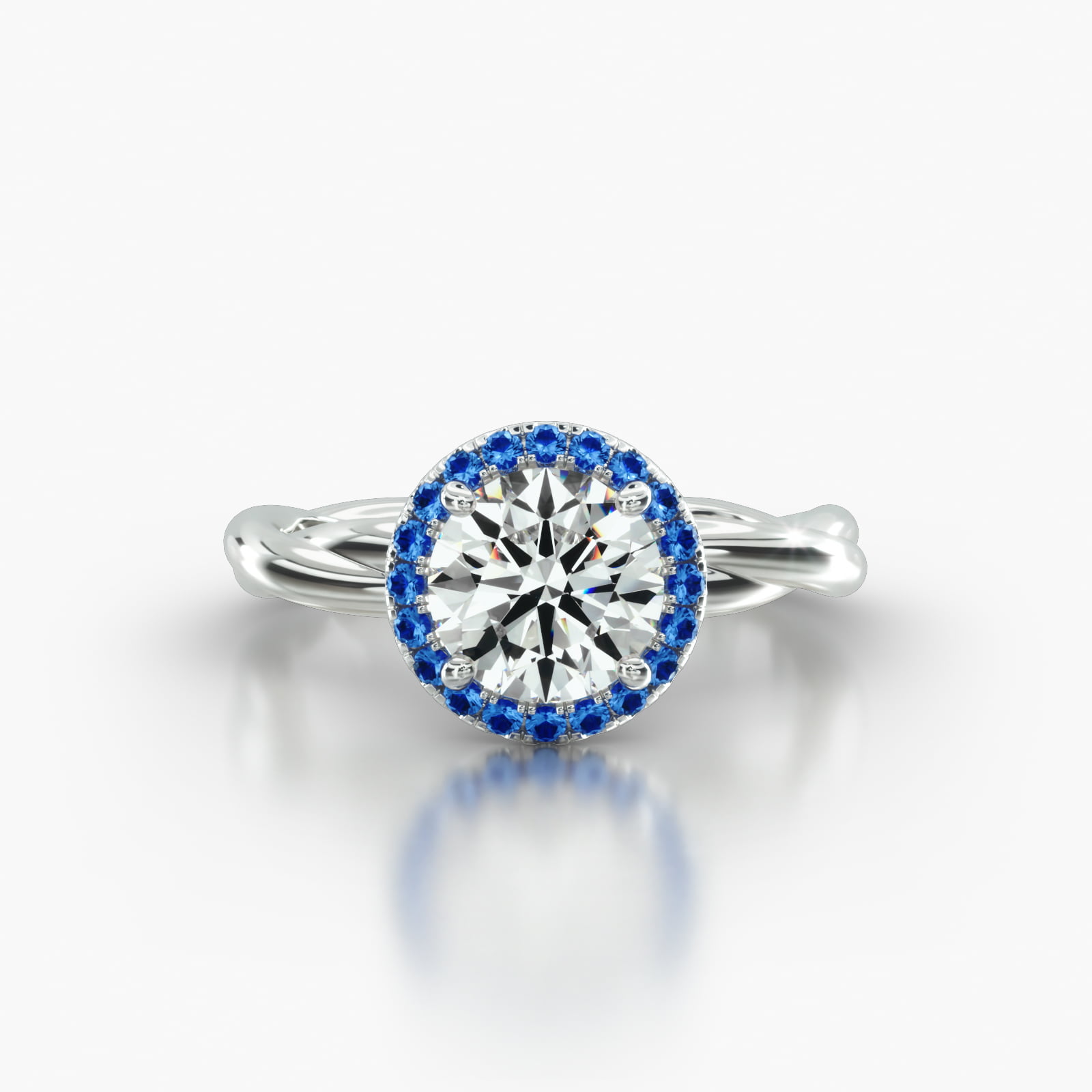 Rope Solitaire Engagement Ring Embellished With a Single Row Sapphire Pavé Halo Head