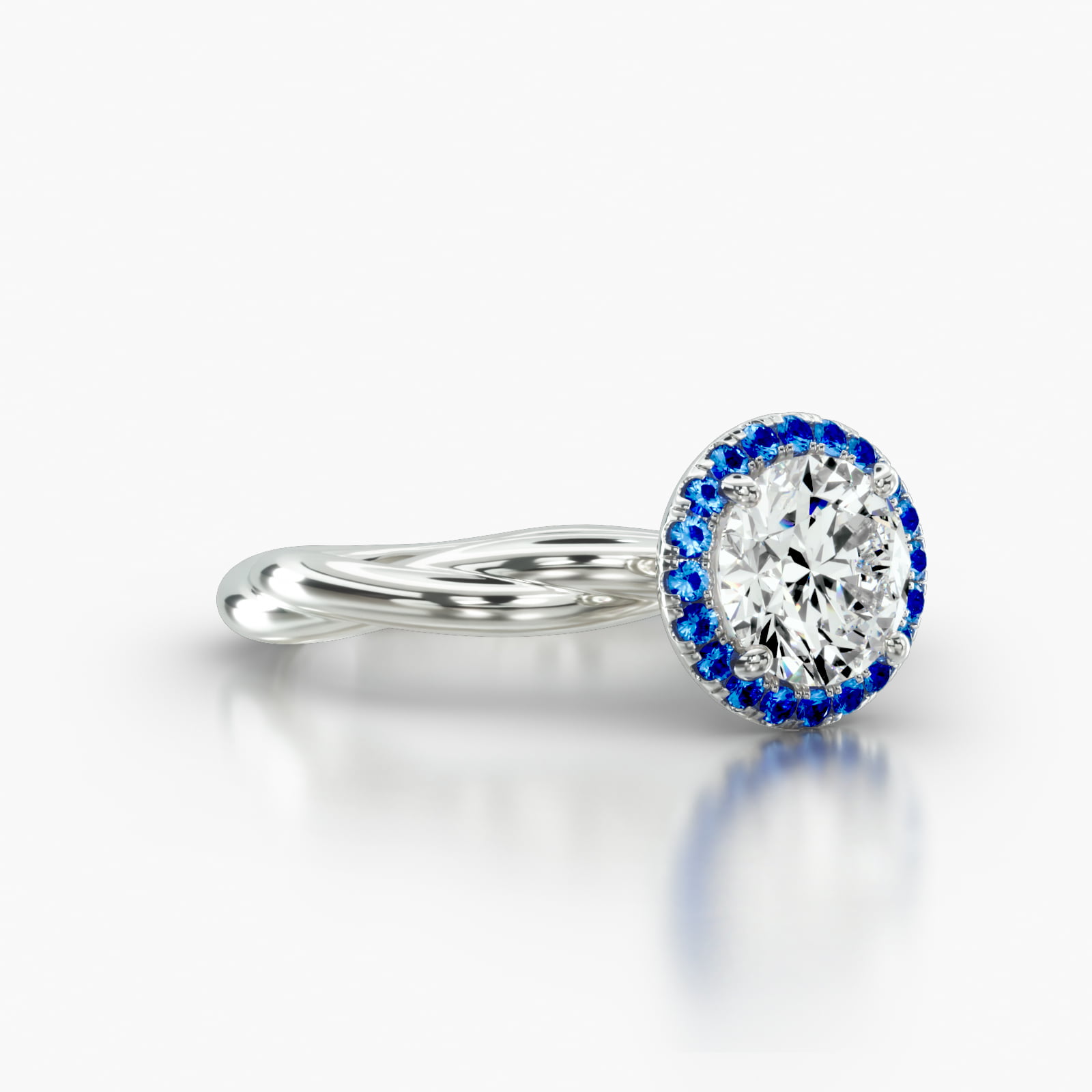 Rope Solitaire Engagement Ring Embellished With a Single Row Sapphire Pavé Halo Head
