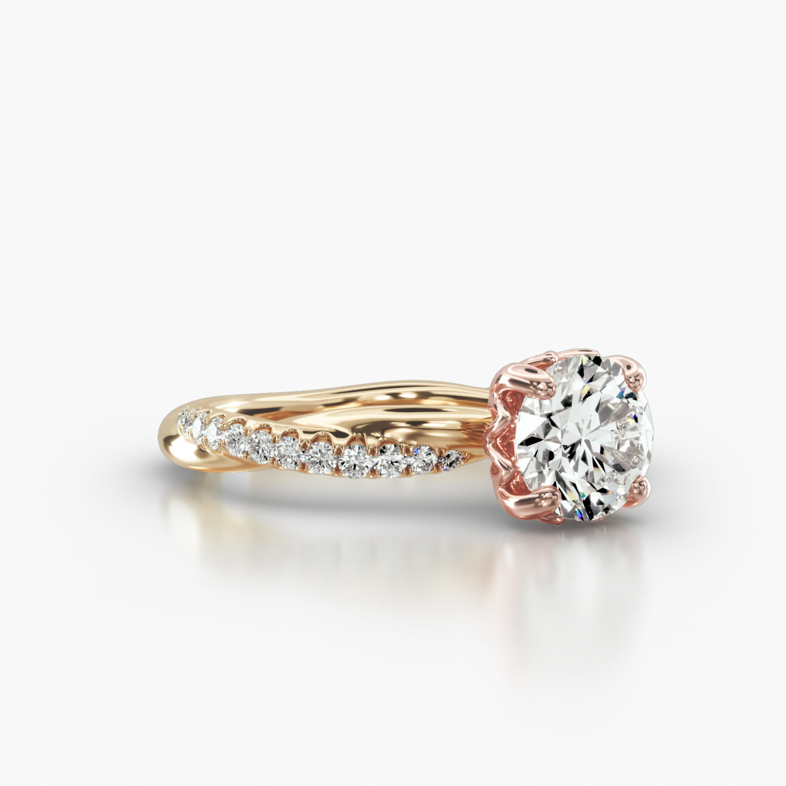 Rope Pavé Engagement Ring Embellished With a Four Prong Lotus Basket Head