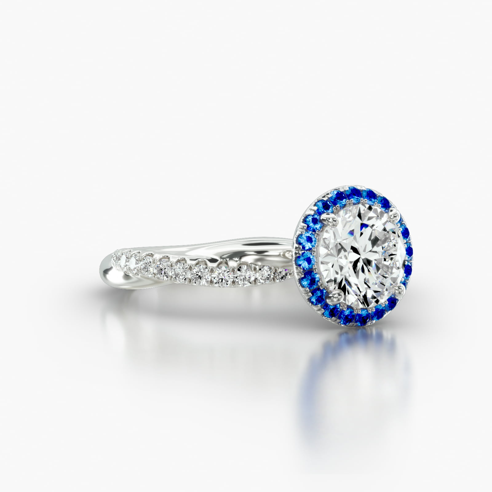 Rope Pavé Engagement Ring Embellished With a Single Row Sapphire Pavé Halo Head