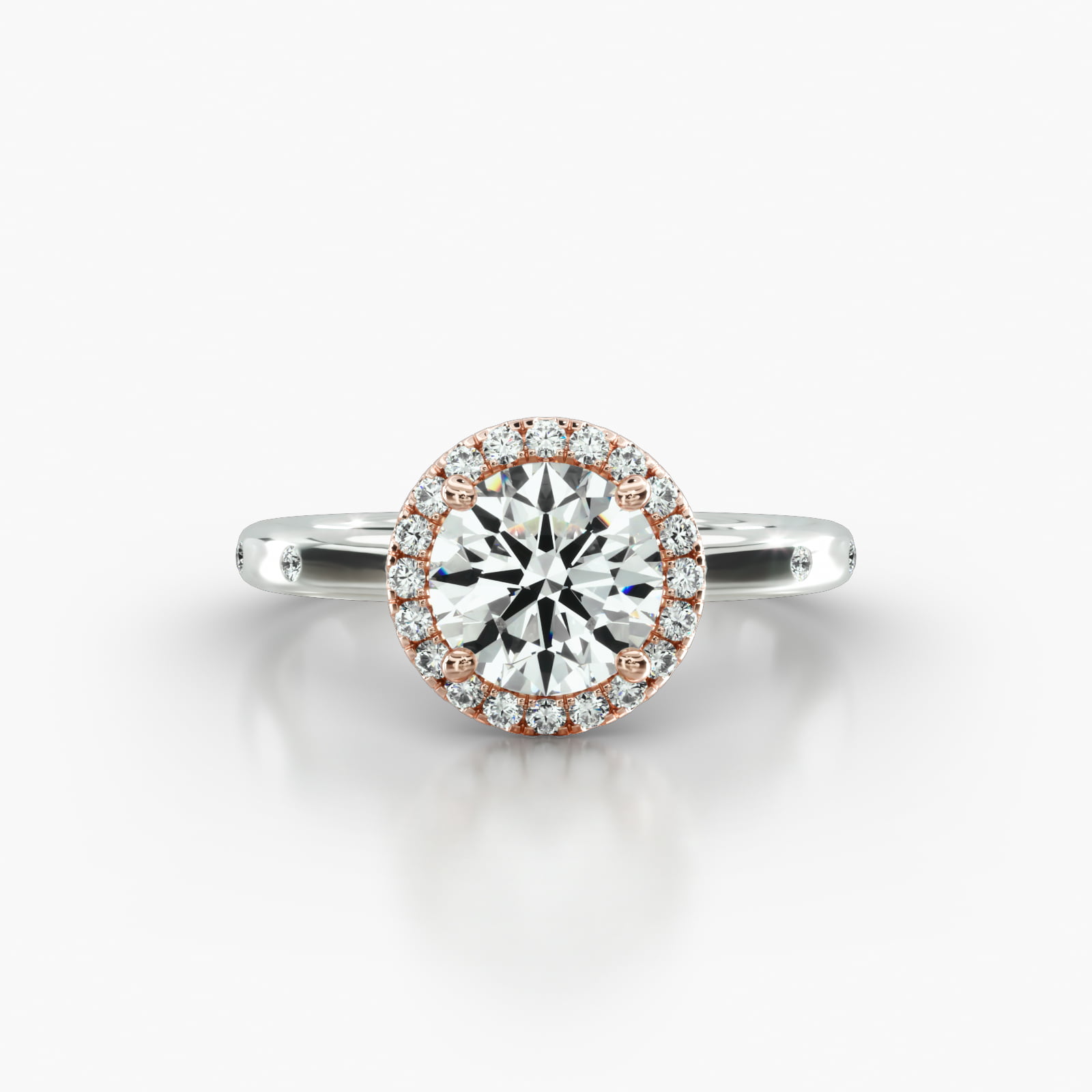 Sleek Accent Diamond Engagement Ring Embellished With a Single Row Pavé Halo Head