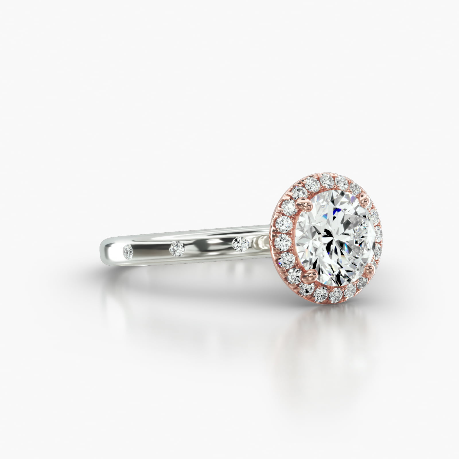 Sleek Accent Diamond Engagement Ring Embellished With a Single Row Pavé Halo Head