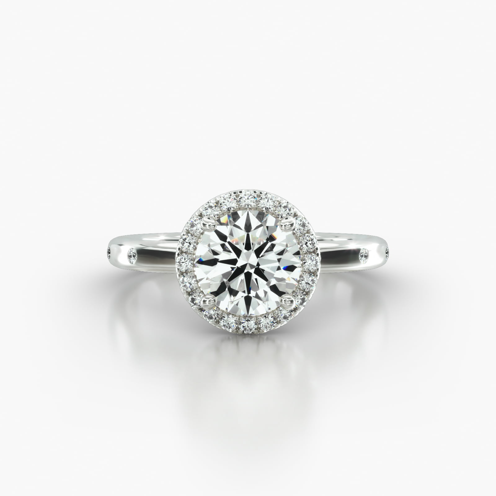 Sleek Accent Diamond Engagement Ring Embellished With a Single Row Pavé Halo Head