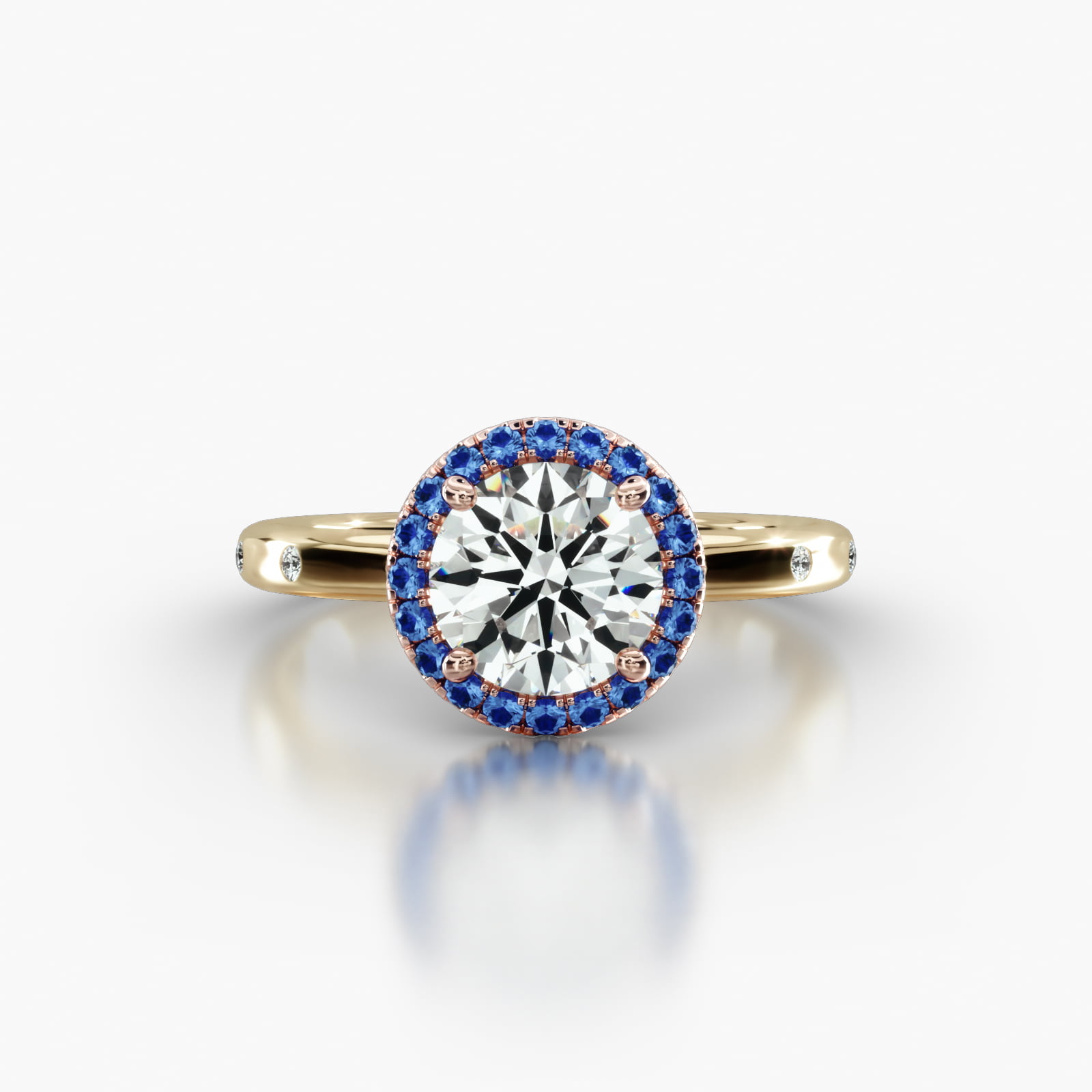 Sleek Accent Diamond Engagement Ring Embellished With a Single Row Sapphire Pavé Halo Head