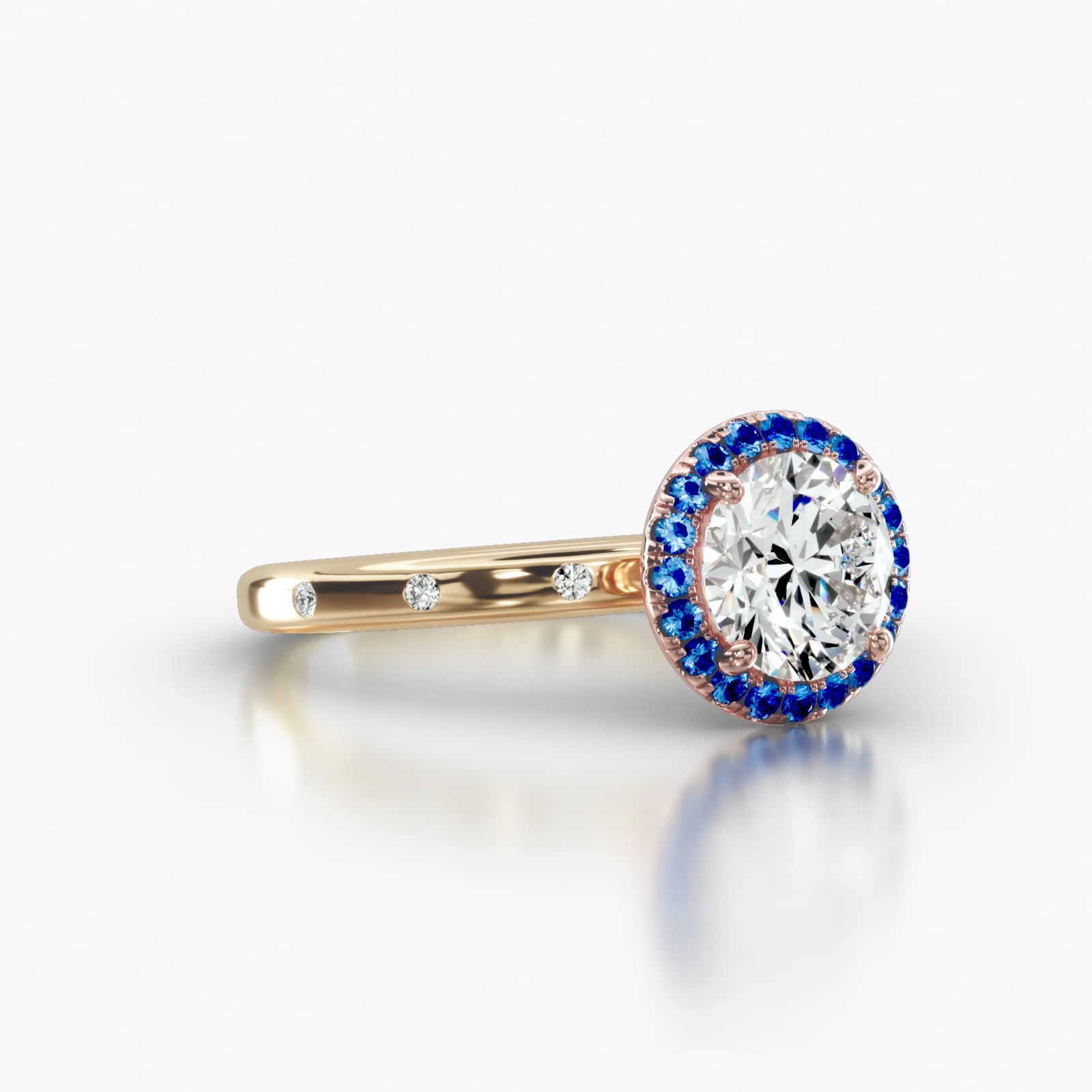 Sleek Accent Diamond Engagement Ring Embellished With a Single Row Sapphire Pavé Halo Head