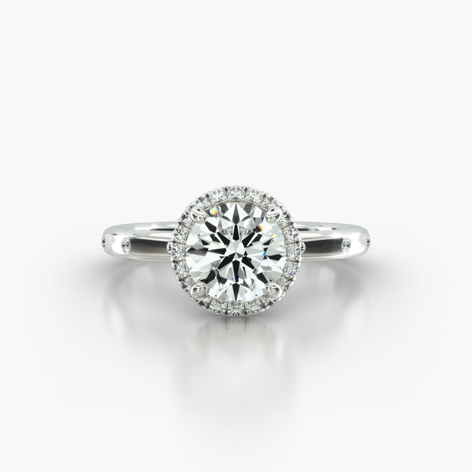 Sleek Accent Diamond Engagement Ring Embellished With a French Pavé Halo Head