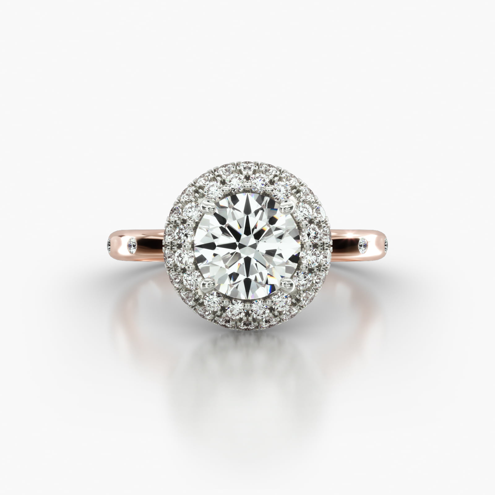 Sleek Accent Diamond Engagement Ring Embellished With a Falling Edge Pavé Halo Head