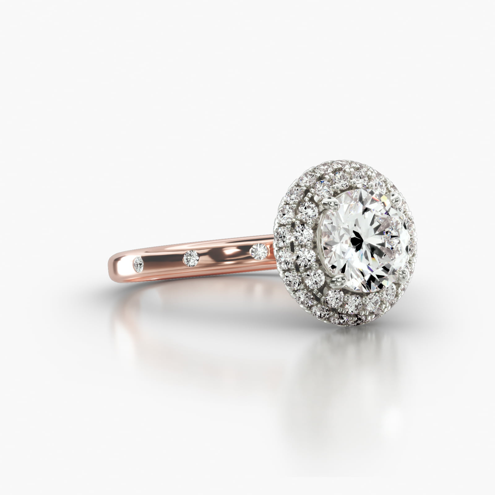 Sleek Accent Diamond Engagement Ring Embellished With a Falling Edge Pavé Halo Head