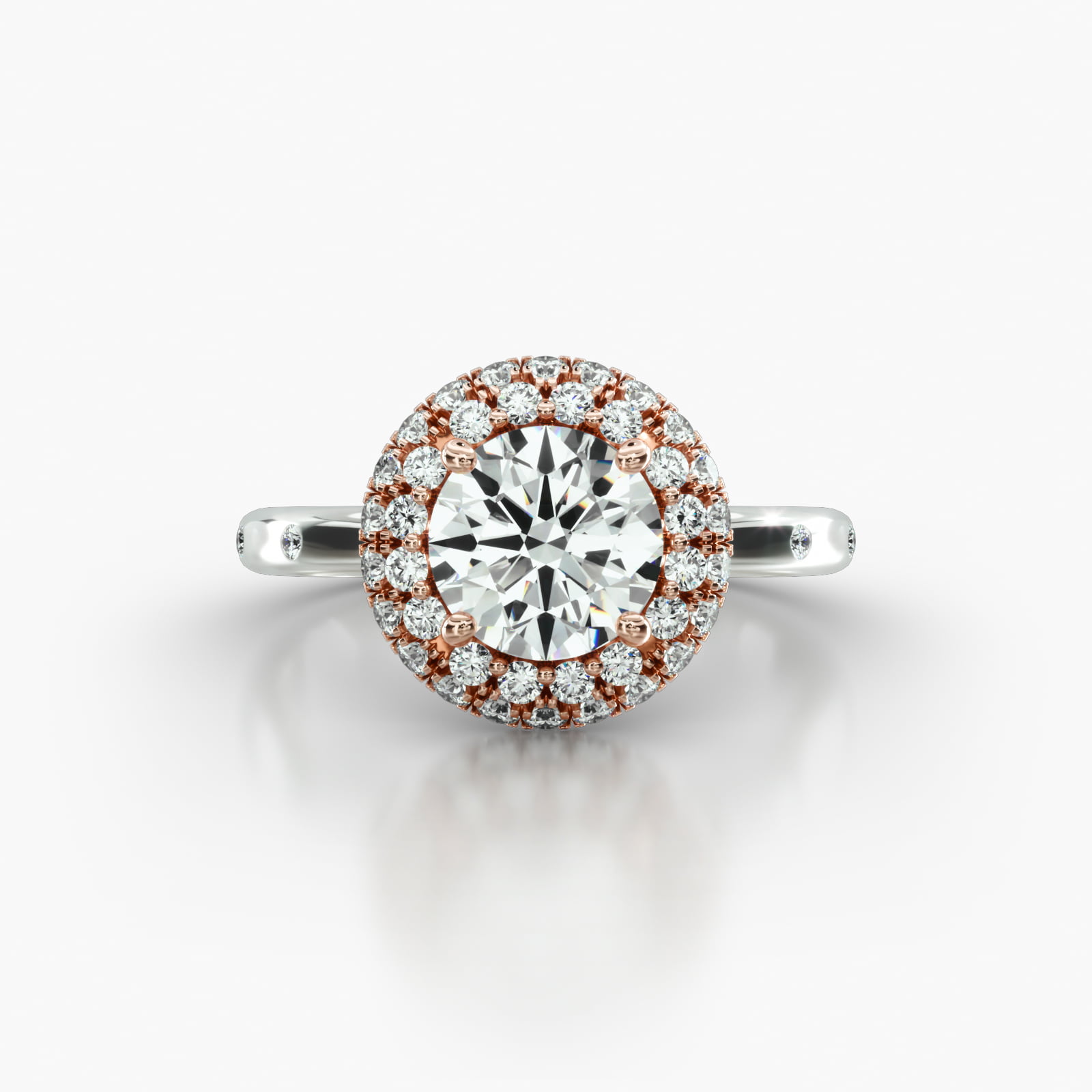 Sleek Accent Diamond Engagement Ring Embellished With a Falling Edge Pavé Halo Head