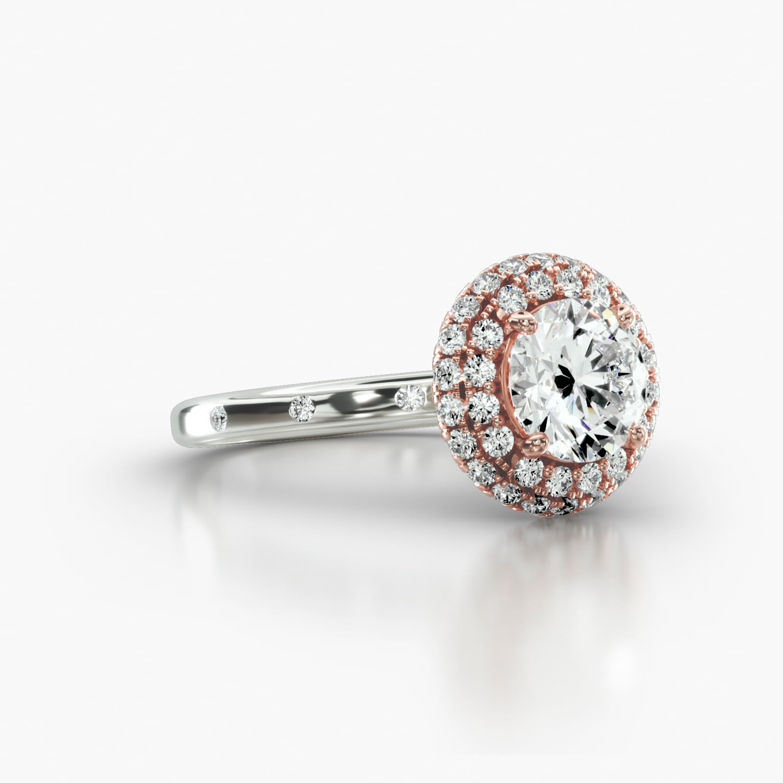 Sleek Accent Diamond Engagement Ring Embellished With a Falling Edge Pavé Halo Head