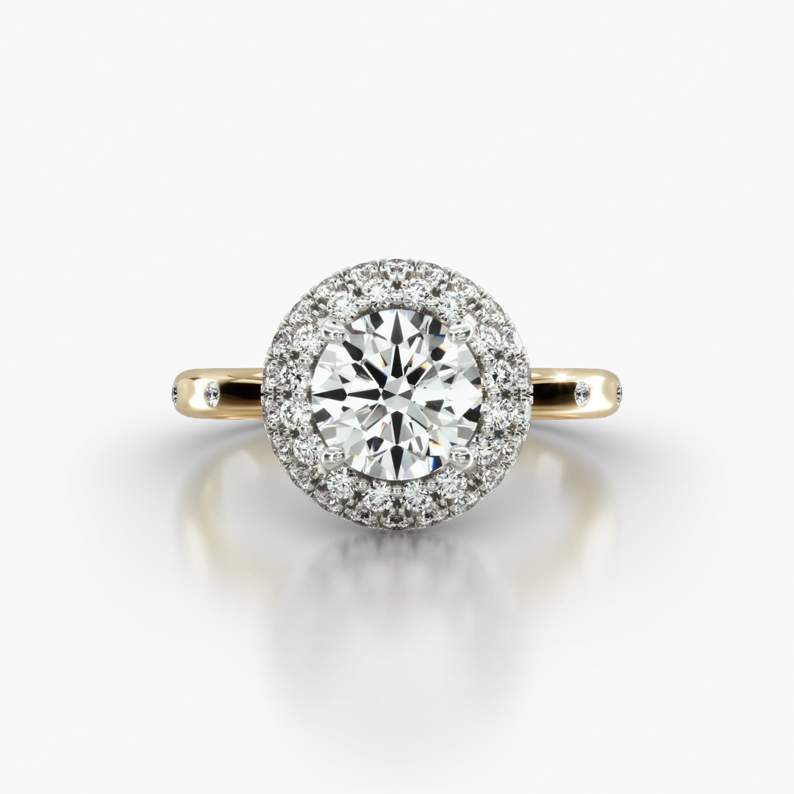 Sleek Accent Diamond Engagement Ring Embellished With a Falling Edge Pavé Halo Head