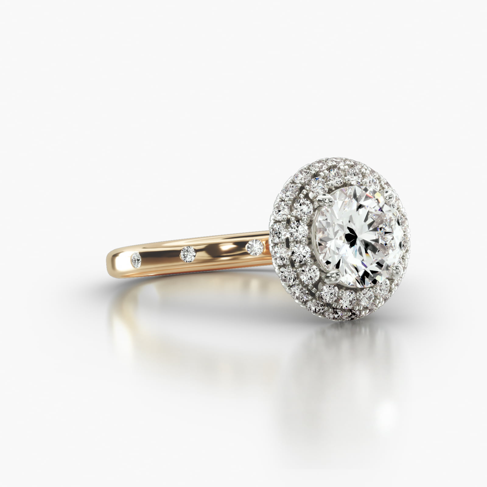 Sleek Accent Diamond Engagement Ring Embellished With a Falling Edge Pavé Halo Head