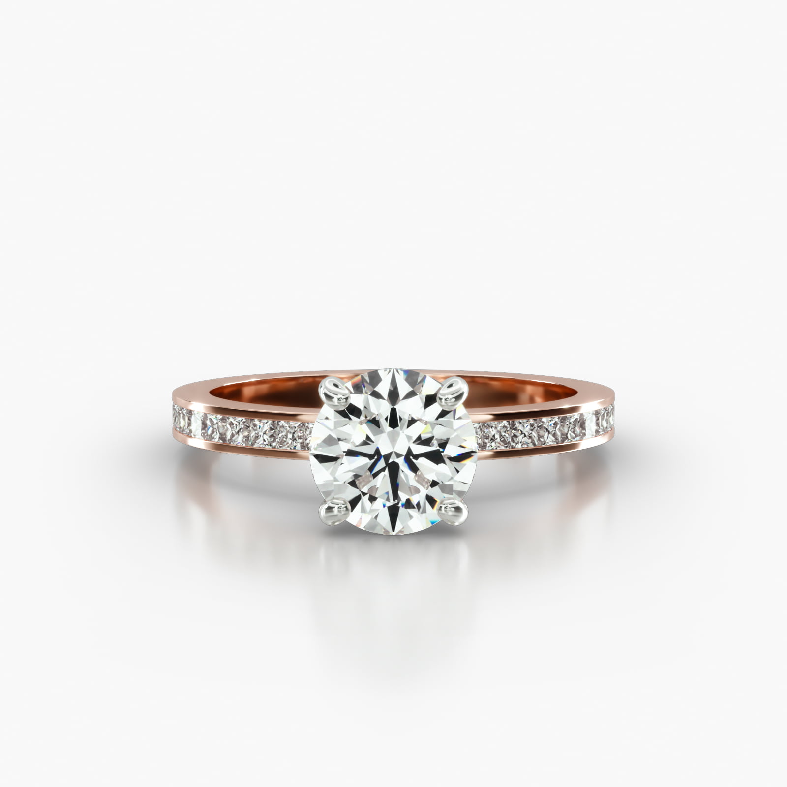 Channel Set Princess Cut Diamond Engagement Ring Embellished With a Four Prong Signature Head