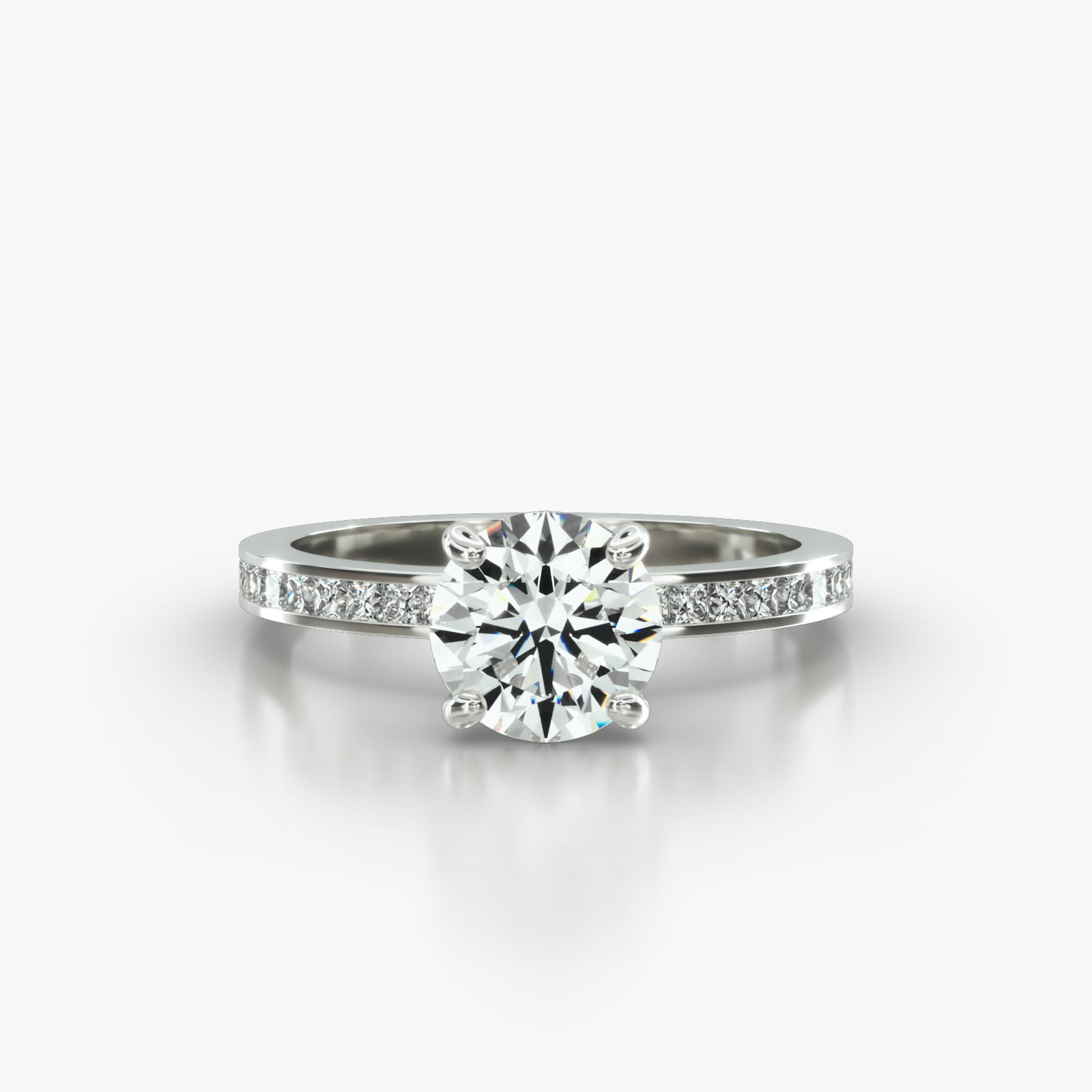 Channel Set Princess Cut Diamond Engagement Ring Embellished With a Four Prong Signature Head