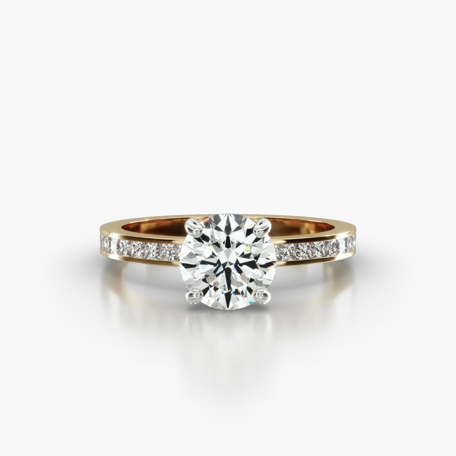 Channel Set Princess Cut Diamond Engagement Ring Embellished With a Four Prong Signature Head