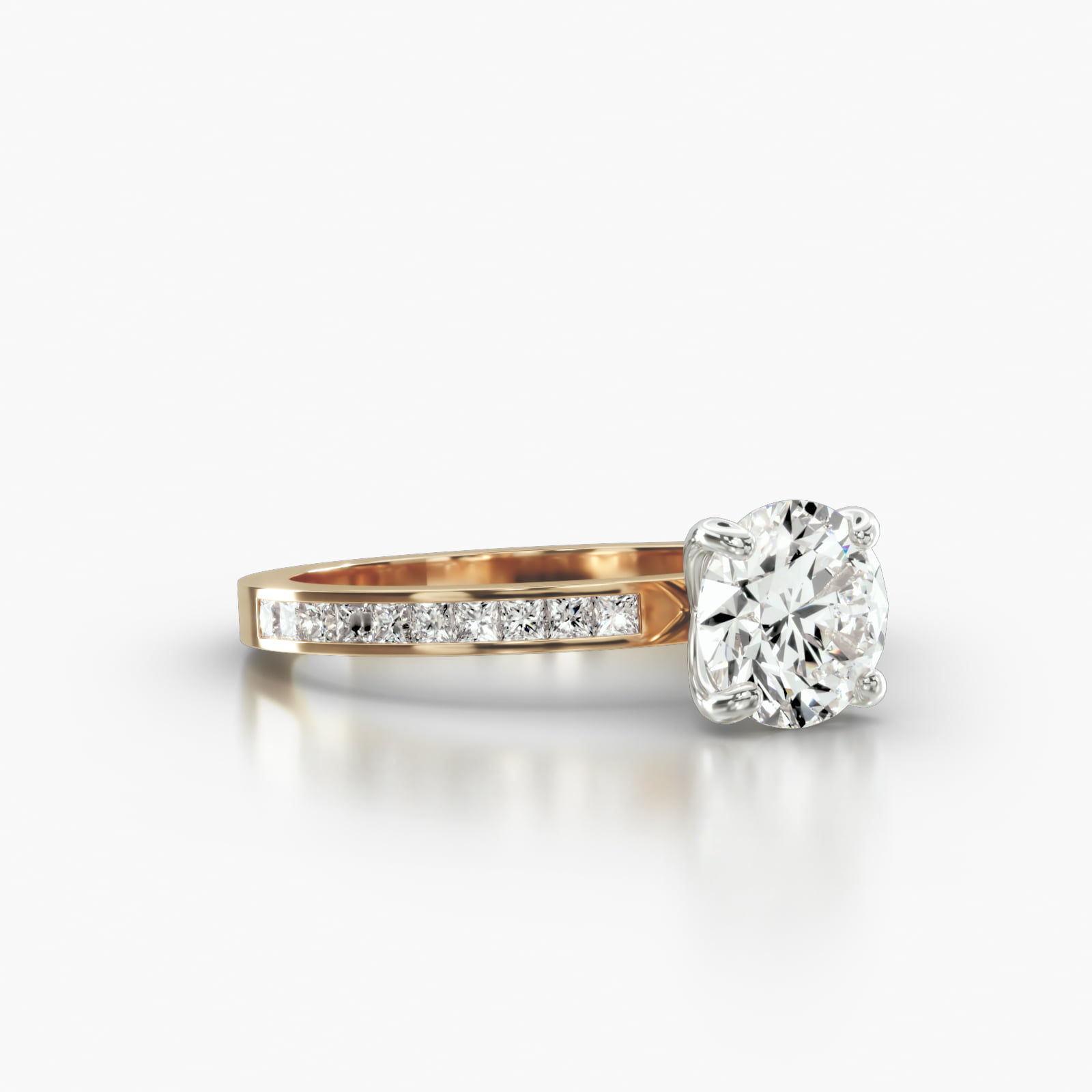 Channel Set Princess Cut Diamond Engagement Ring Embellished With a Four Prong Signature Head