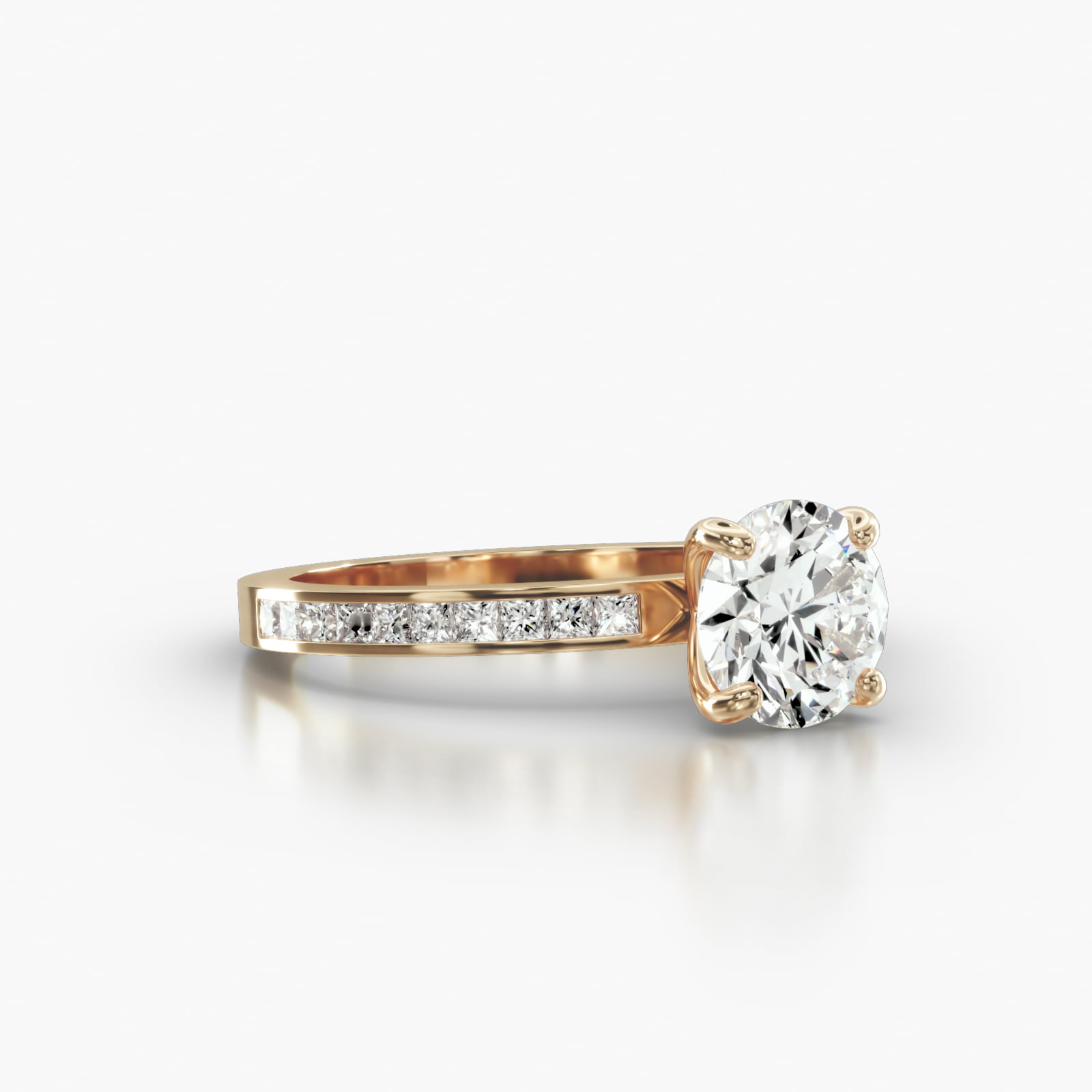 Channel Set Princess Cut Diamond Engagement Ring Embellished With a Four Prong Signature Head