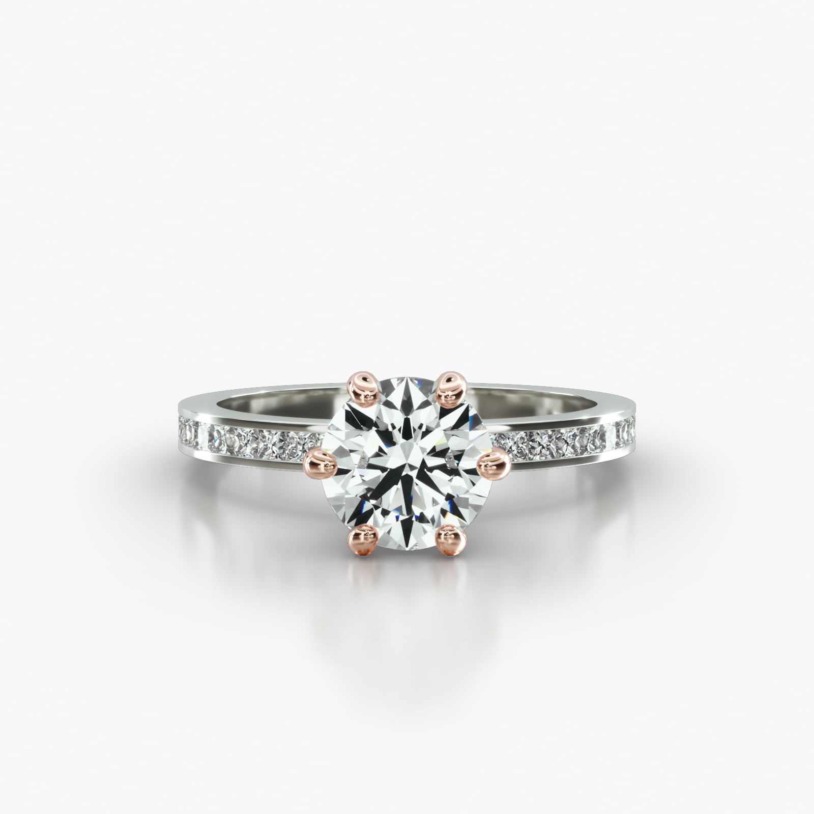 Channel Set Princess Cut Diamond Engagement Ring Embellished With a Six Prong Signature Head