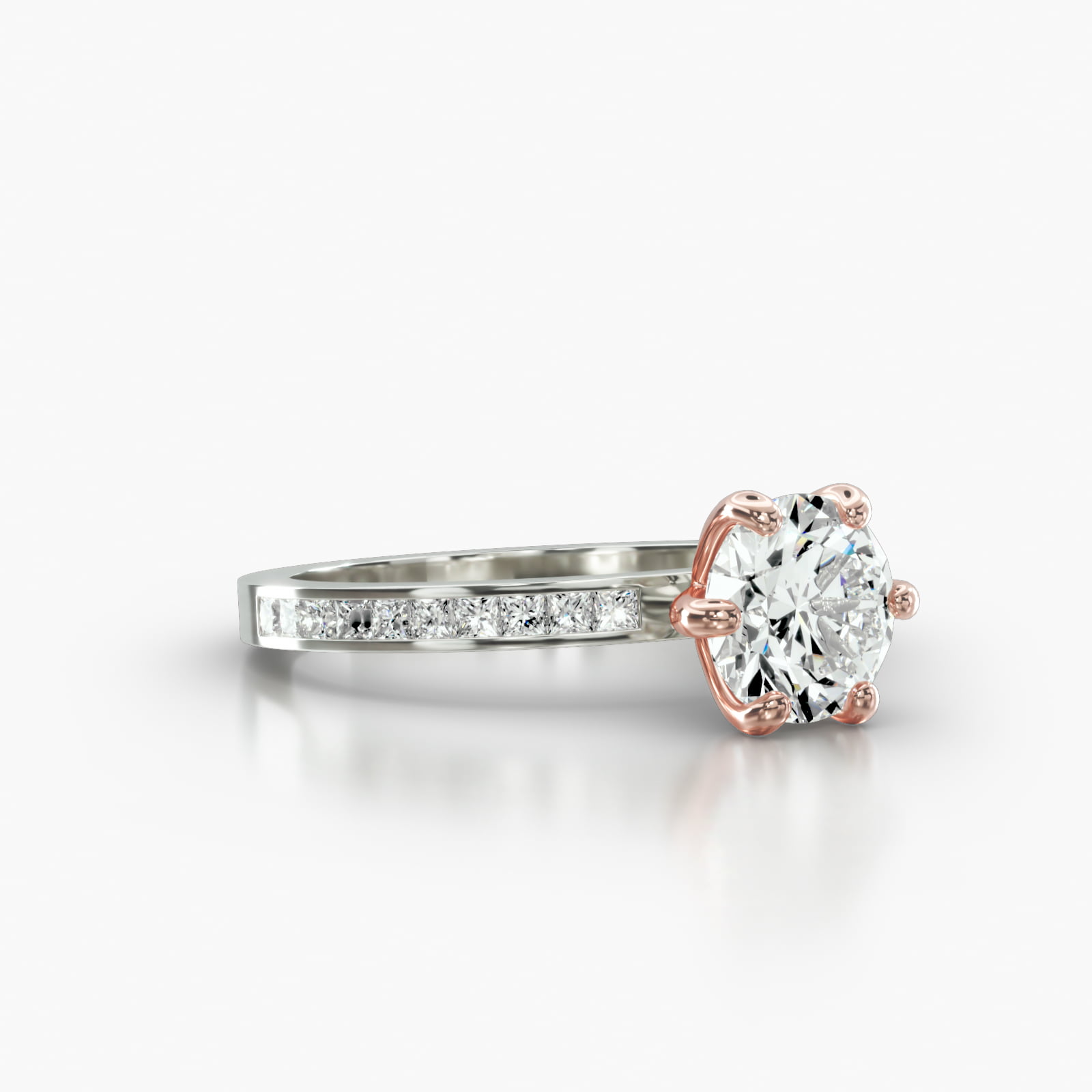 Channel Set Princess Cut Diamond Engagement Ring Embellished With a Six Prong Signature Head