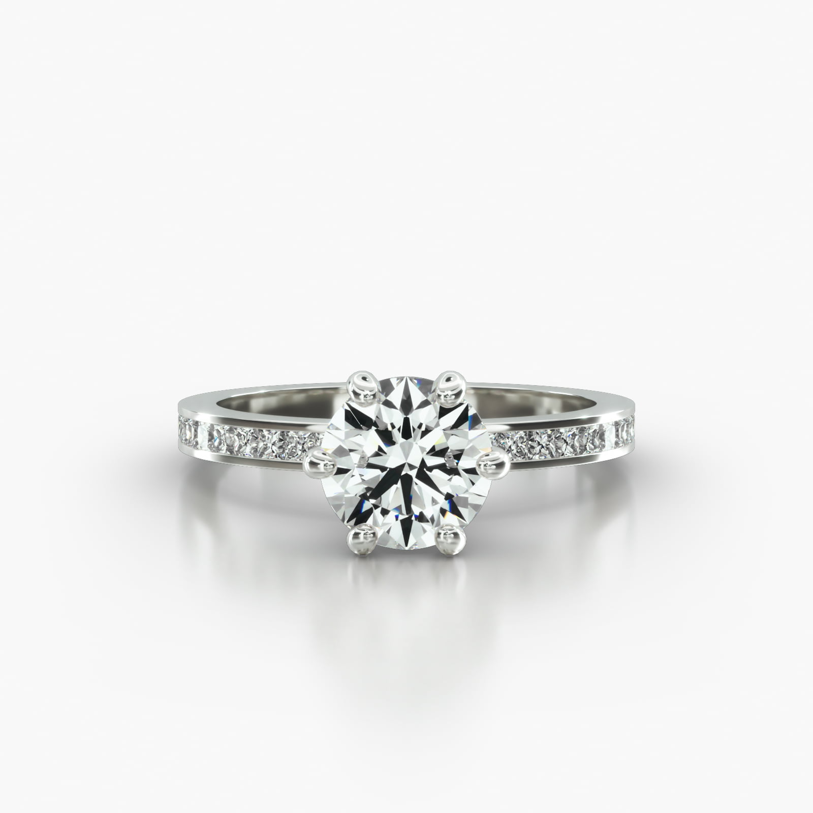 Channel Set Princess Cut Diamond Engagement Ring Embellished With a Six Prong Signature Head