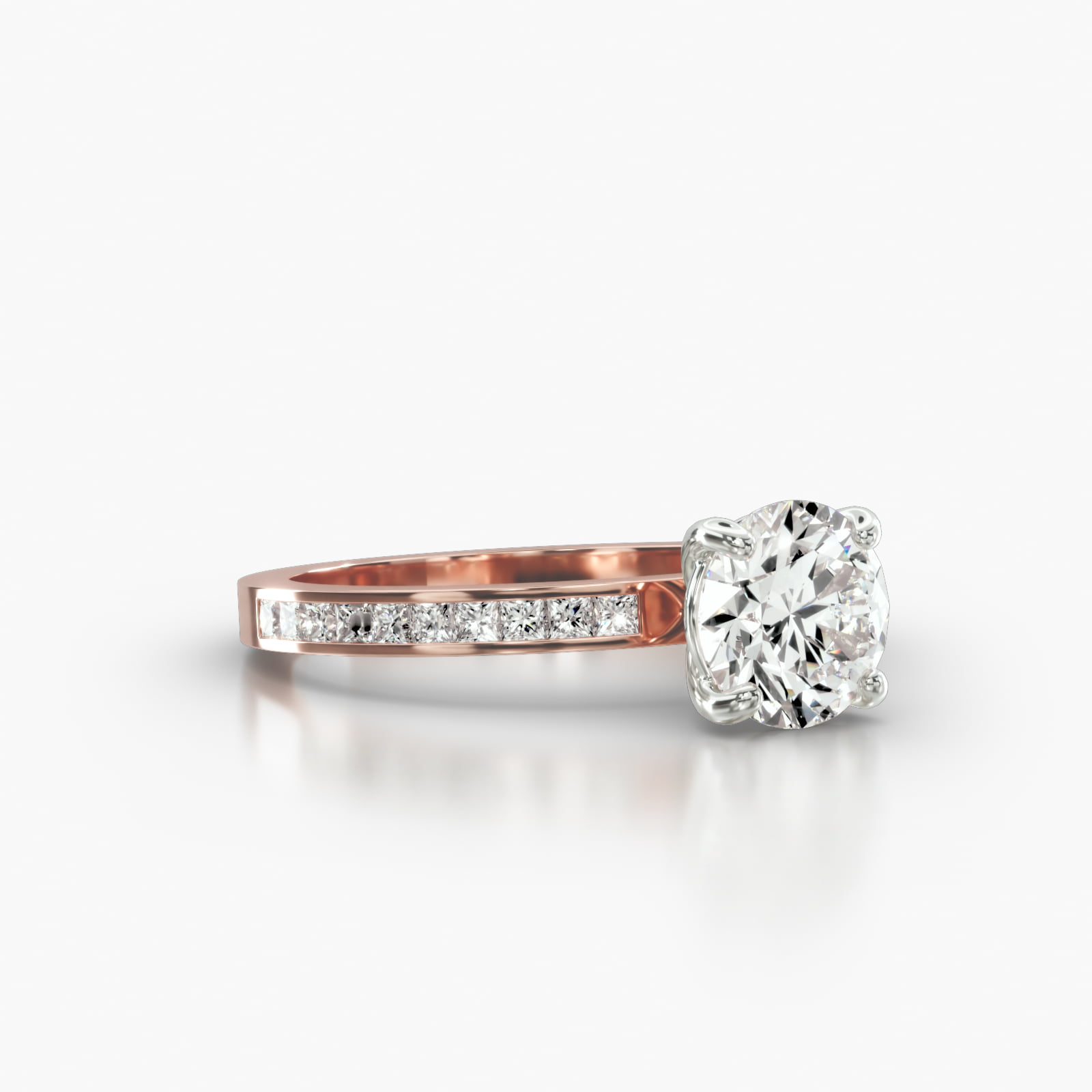 Channel Set Princess Cut Diamond Engagement Ring Embellished With a Classic Basket Head