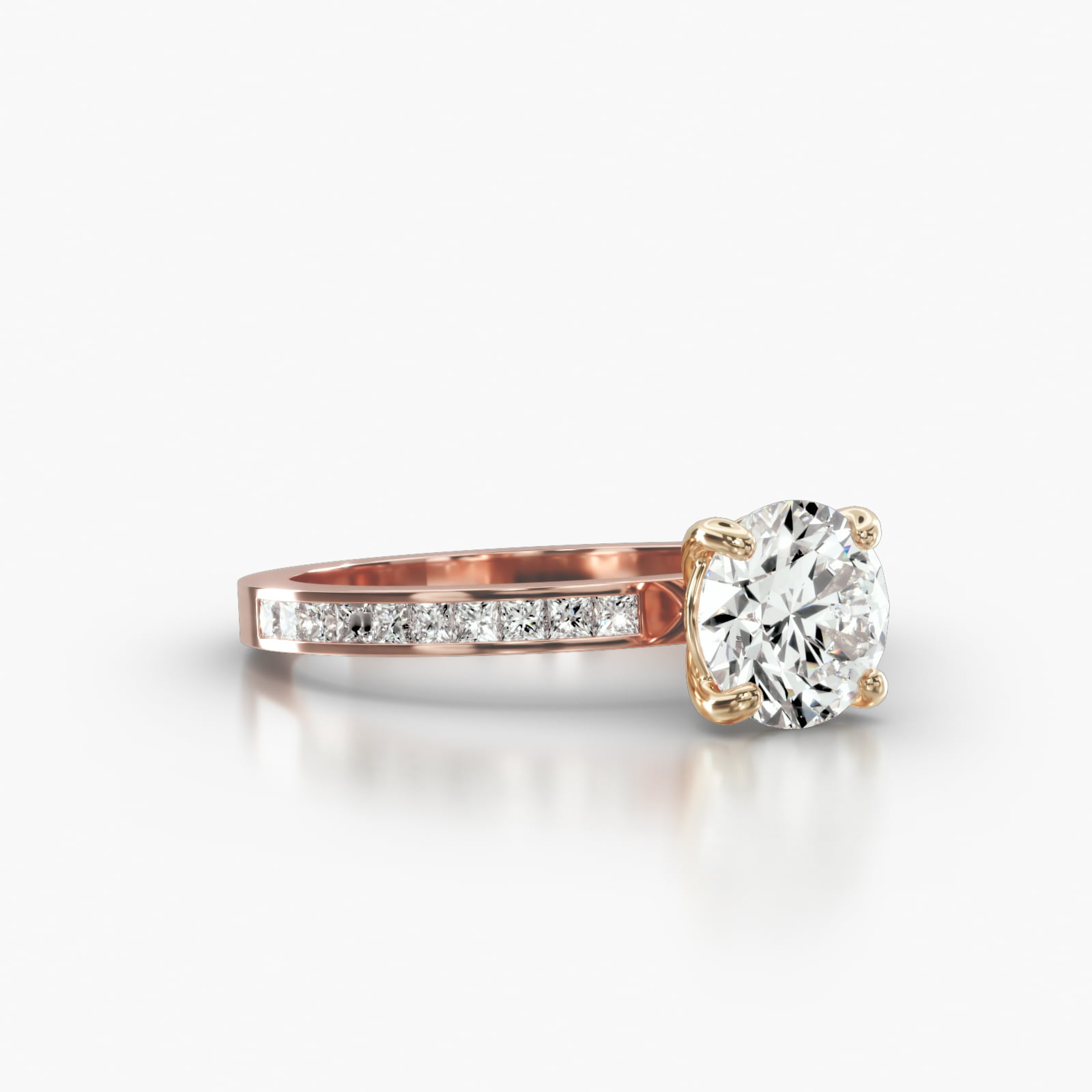 Channel Set Princess Cut Diamond Engagement Ring Embellished With a Classic Basket Head