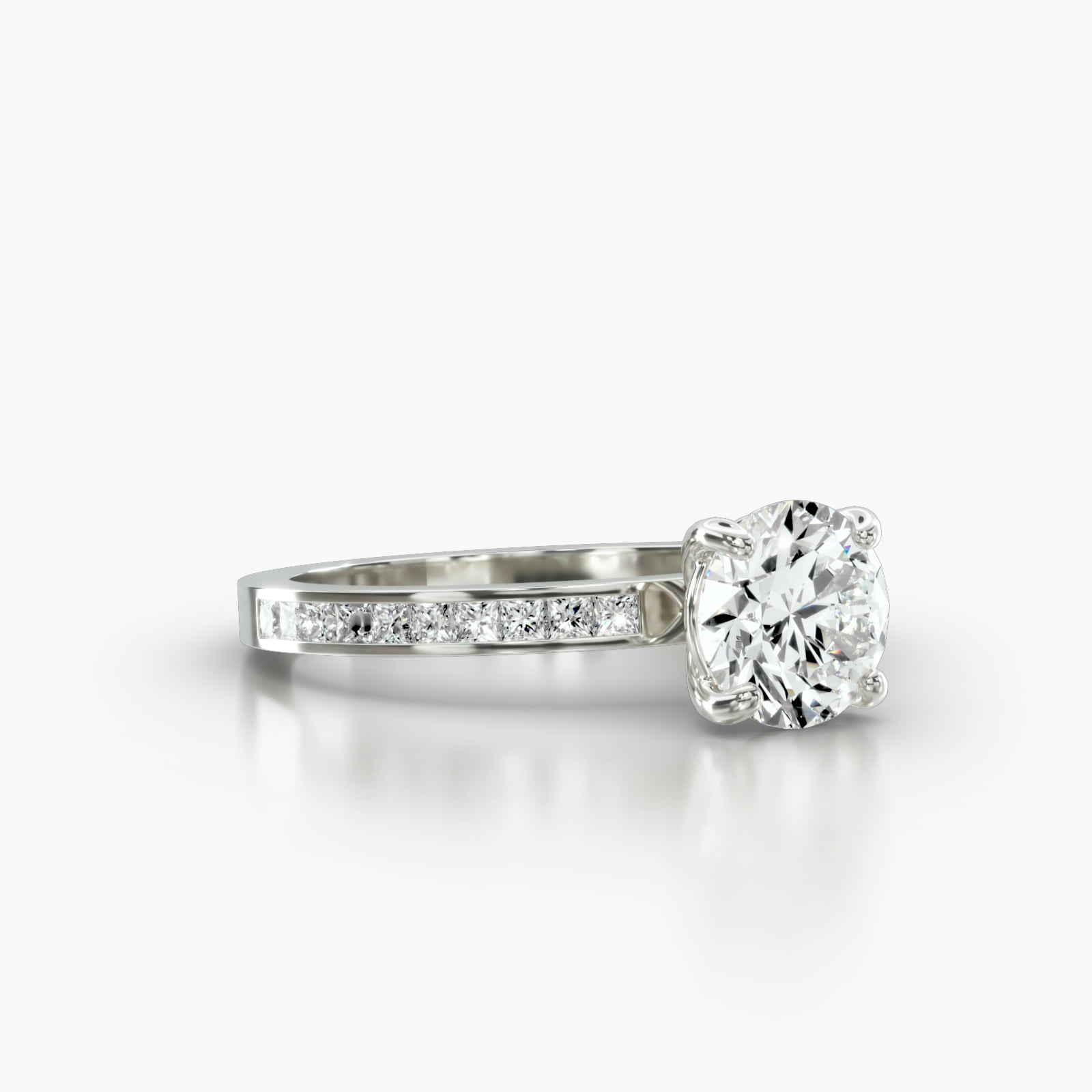 Channel Set Princess Cut Diamond Engagement Ring Embellished With a Classic Basket Head