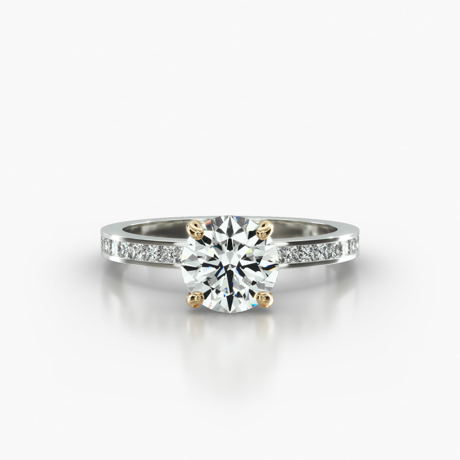 Channel Set Princess Cut Diamond Engagement Ring Embellished With a Classic Basket Head