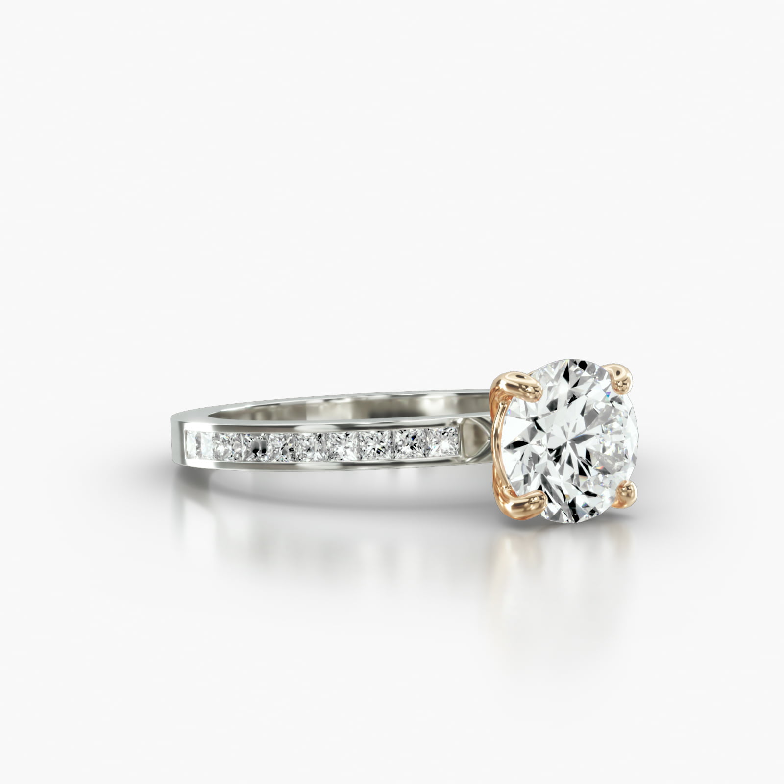 Channel Set Princess Cut Diamond Engagement Ring Embellished With a Classic Basket Head