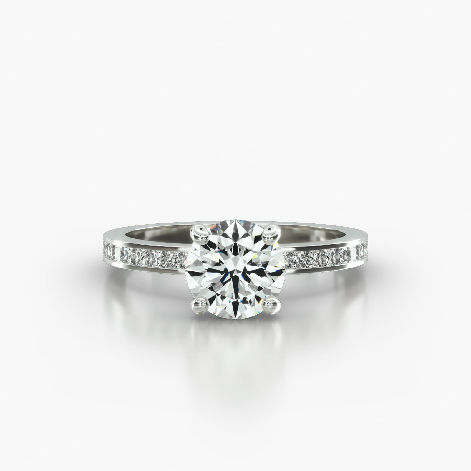 Channel Set Princess Cut Diamond Engagement Ring Embellished With a Classic Pavé Basket Head