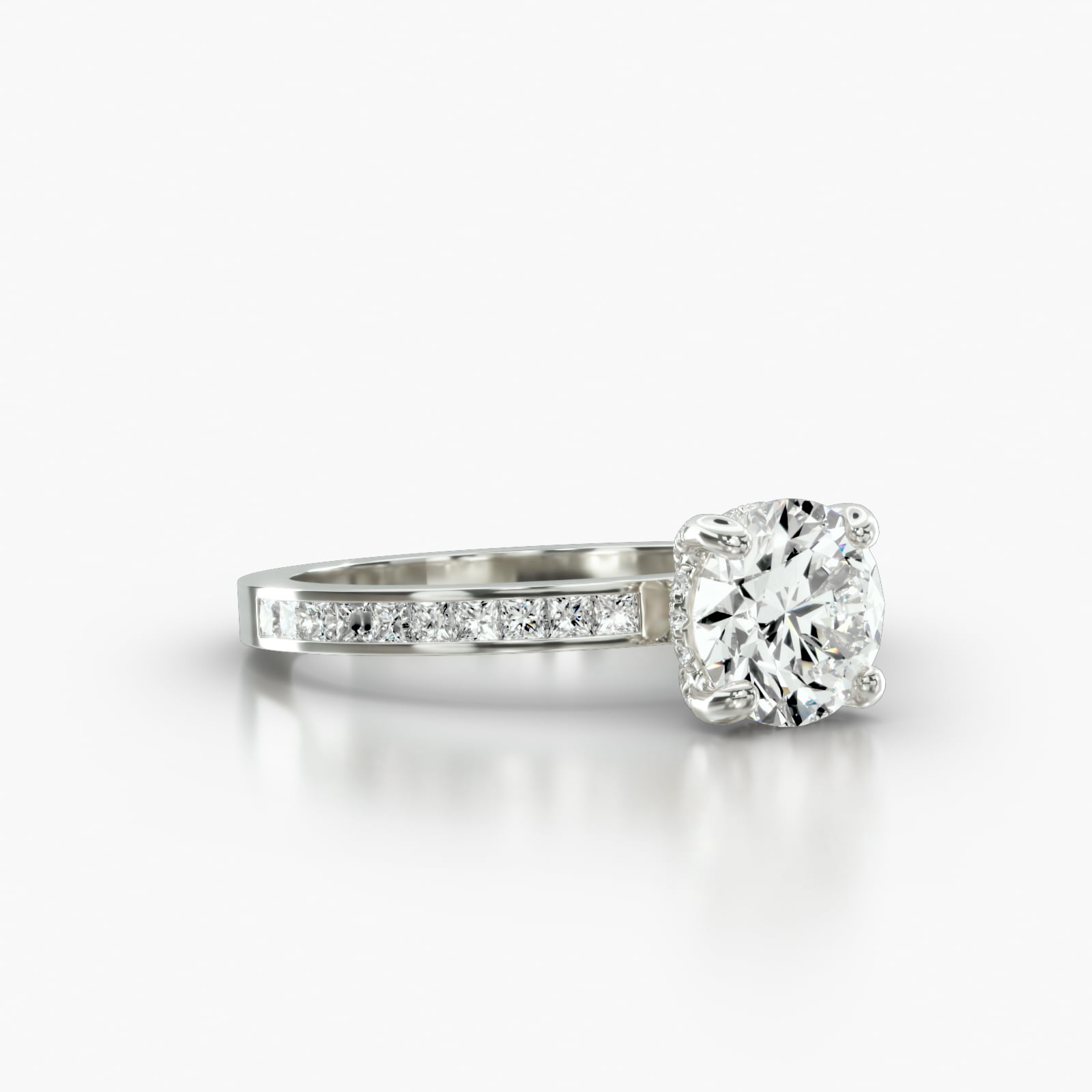 Channel Set Princess Cut Diamond Engagement Ring Embellished With a Classic Pavé Basket Head