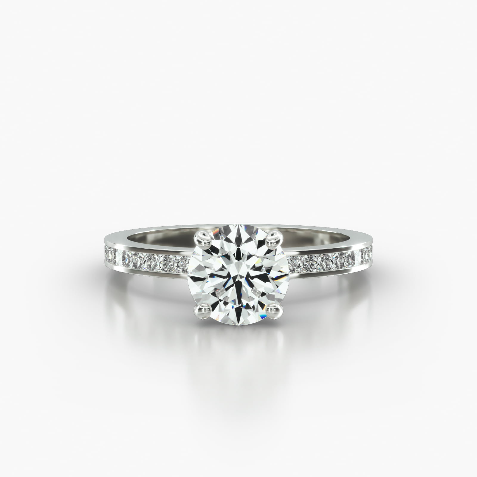 Channel Set Princess Cut Diamond Engagement Ring Embellished With a Four Prong Signature Head With Diamond Bridge Accent