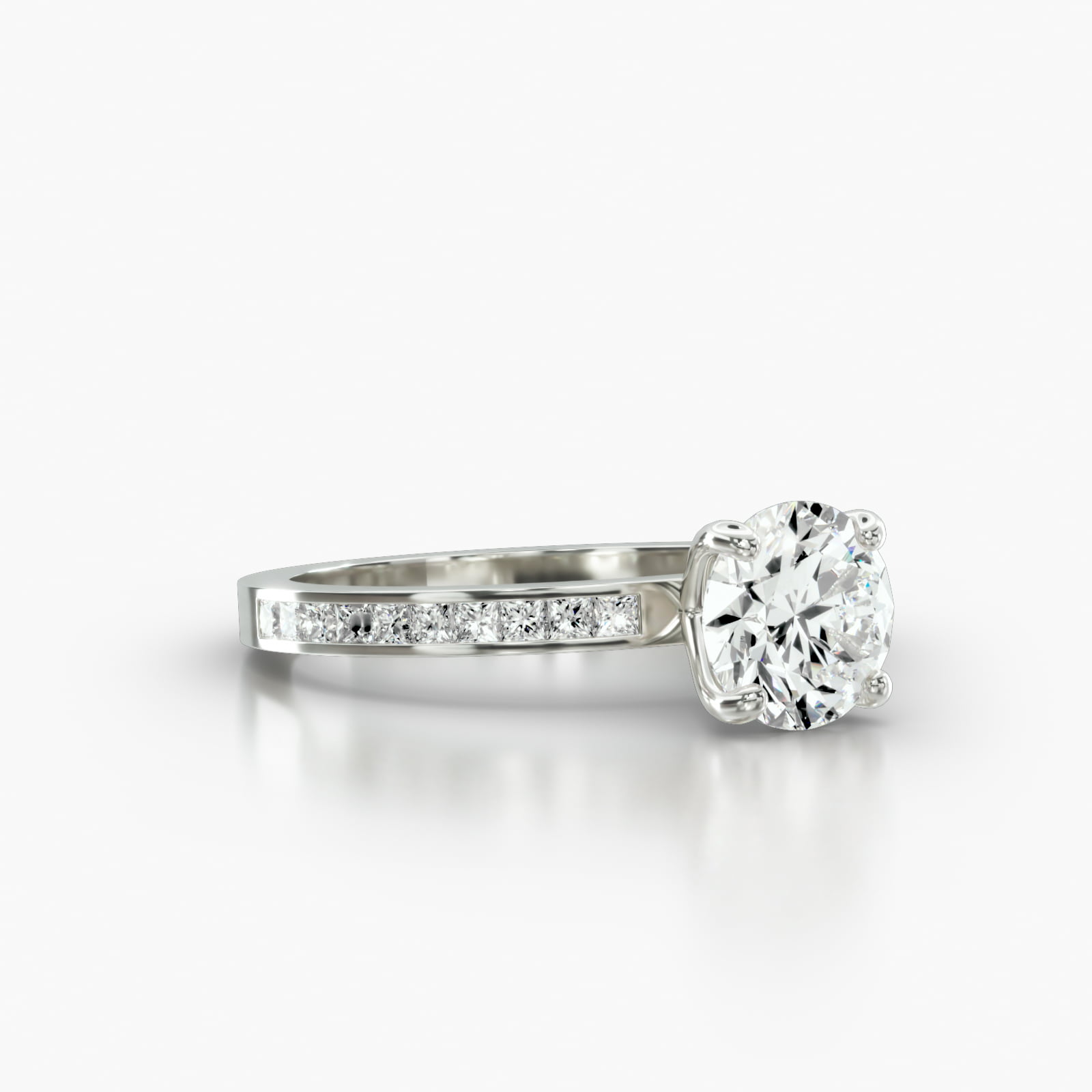 Channel Set Princess Cut Diamond Engagement Ring Embellished With a Four Prong Signature Head With Diamond Bridge Accent