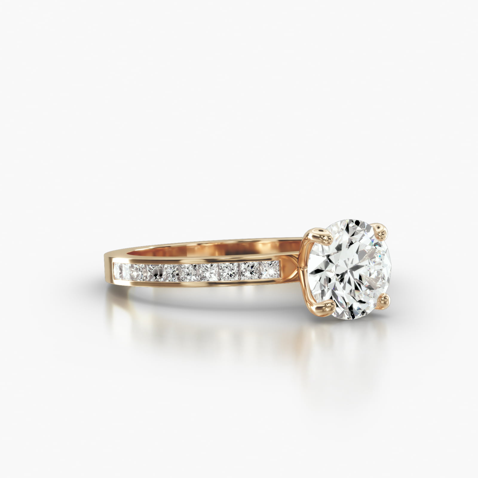 Channel Set Princess Cut Diamond Engagement Ring Embellished With a Four Prong Signature Head With Diamond Bridge Accent