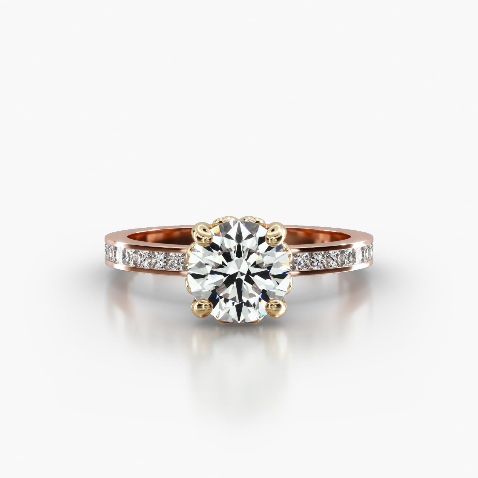 Channel Set Princess Cut Diamond Engagement Ring Embellished With a Four Prong Lotus Basket Head