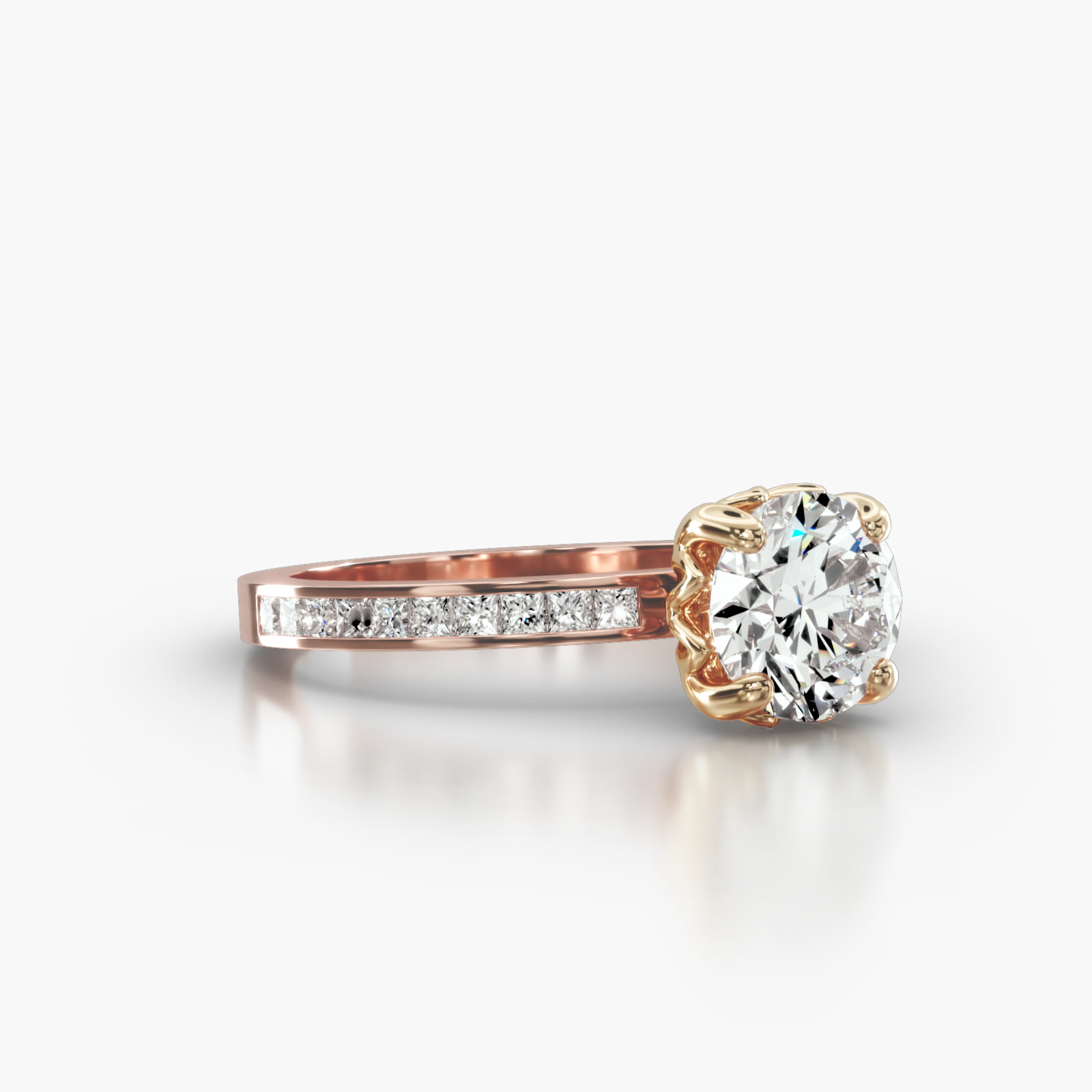 Channel Set Princess Cut Diamond Engagement Ring Embellished With a Four Prong Lotus Basket Head