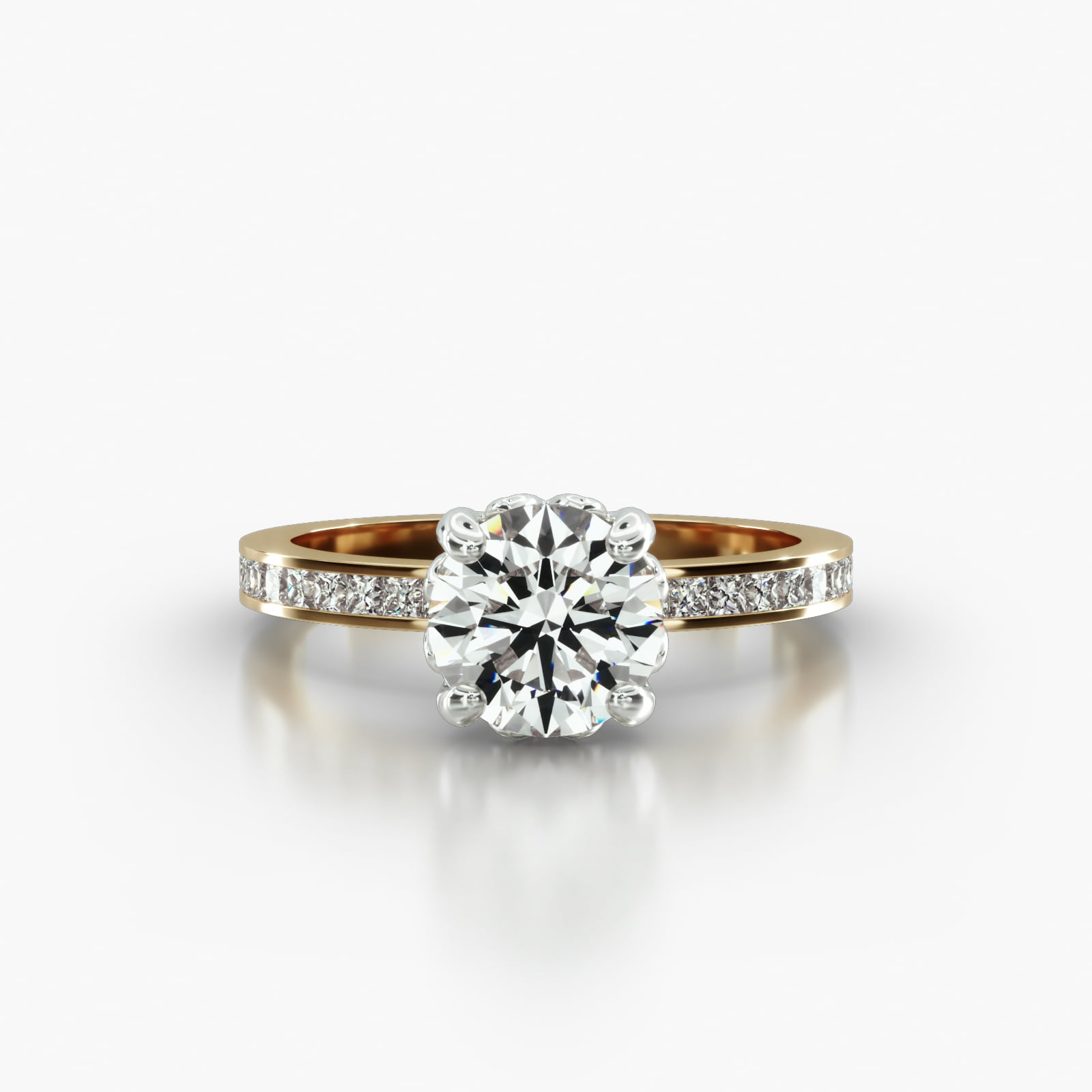 Channel Set Princess Cut Diamond Engagement Ring Embellished With a Four Prong Lotus Basket Head