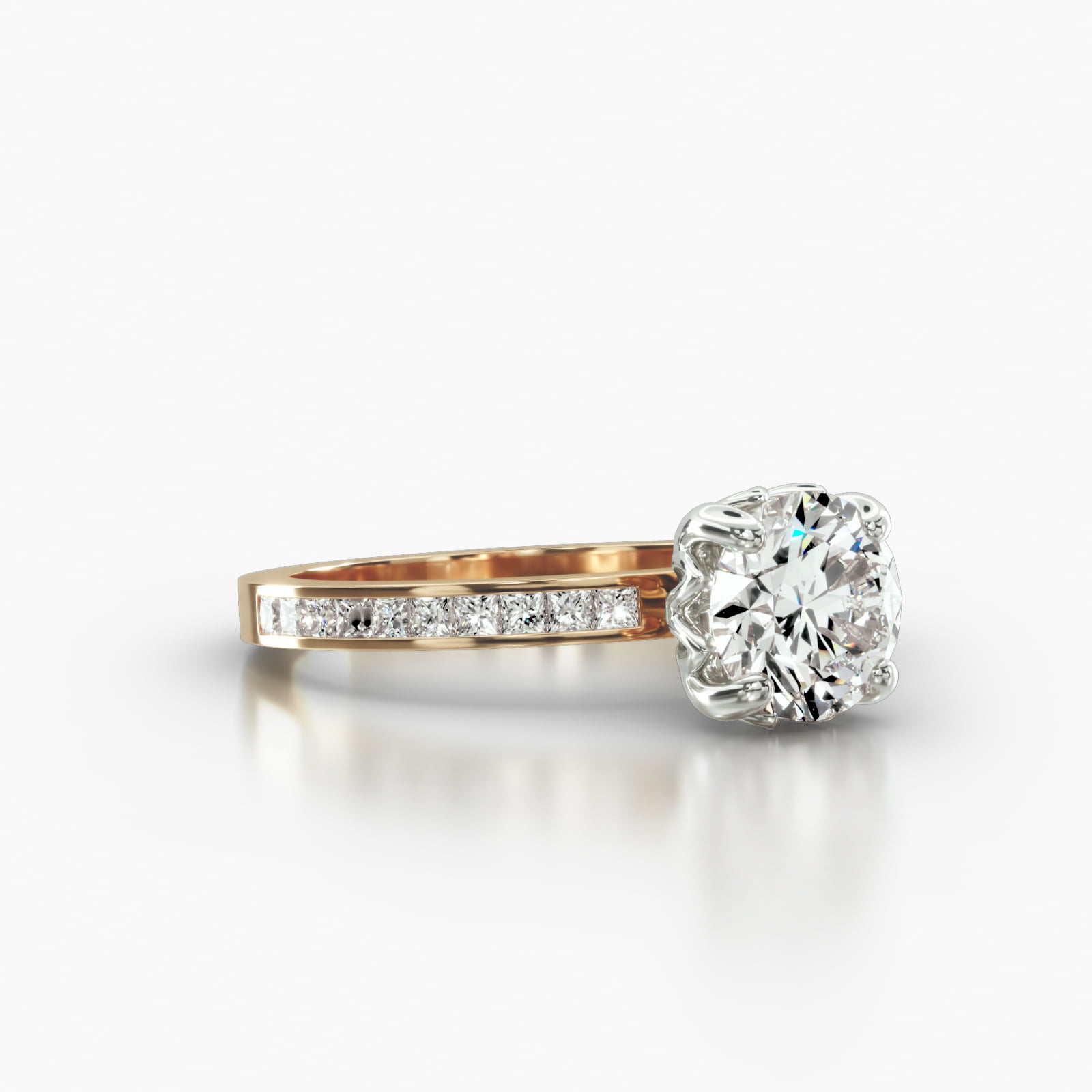 Channel Set Princess Cut Diamond Engagement Ring Embellished With a Four Prong Lotus Basket Head