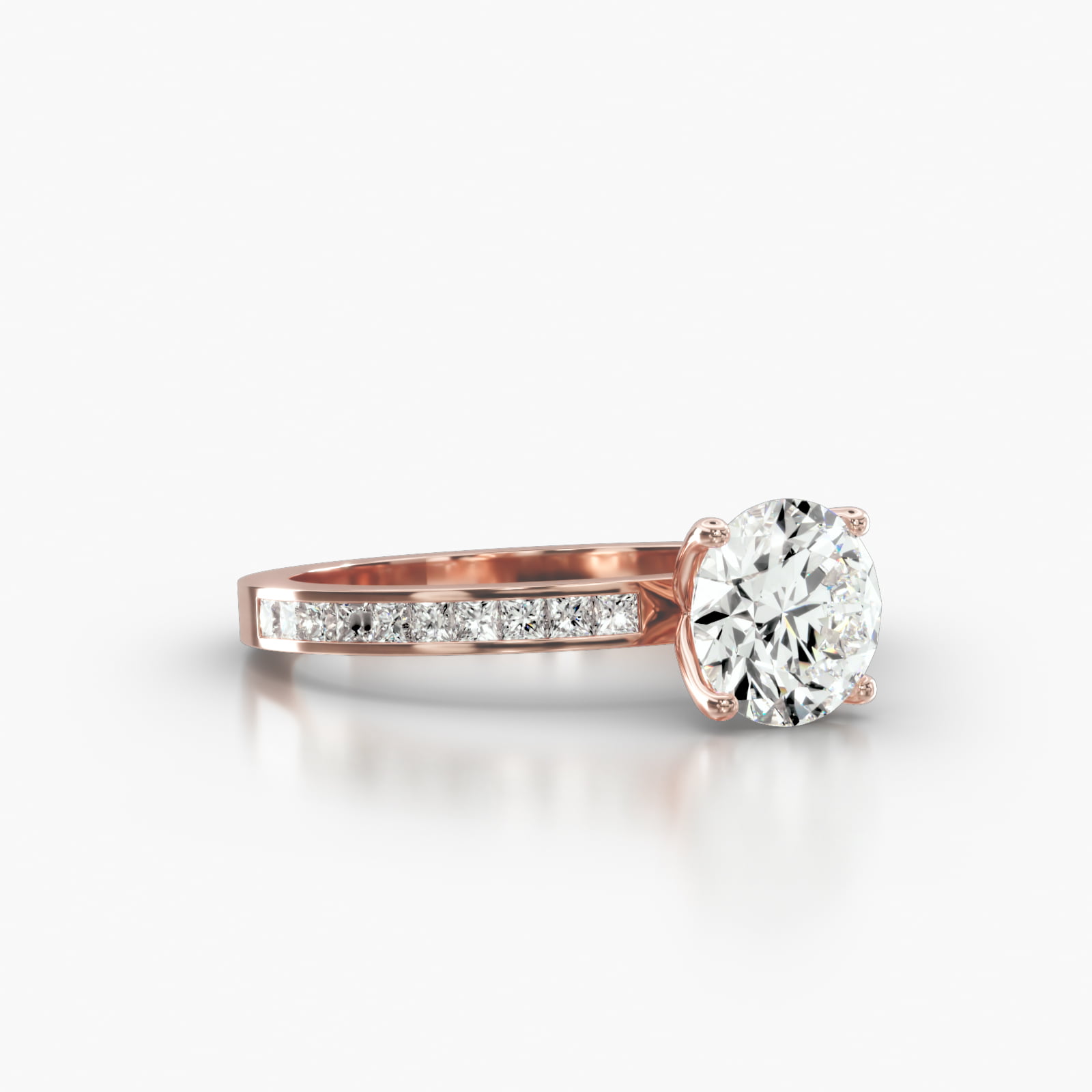 Channel Set Princess Cut Diamond Engagement Ring Embellished With a Four Prong Tulip Basket Head