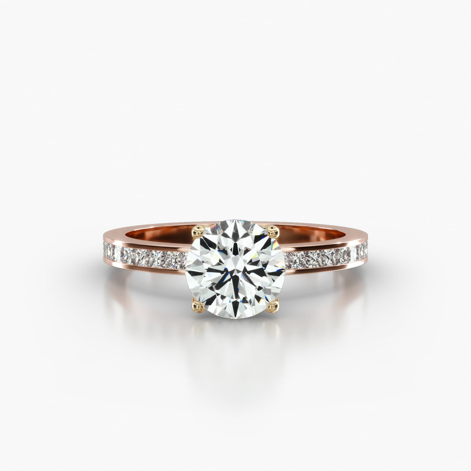 Channel Set Princess Cut Diamond Engagement Ring Embellished With a Four Prong Tulip Basket Head
