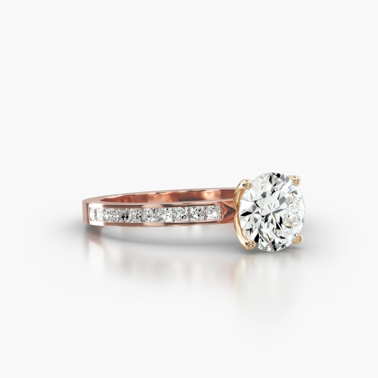 Channel Set Princess Cut Diamond Engagement Ring Embellished With a Four Prong Tulip Basket Head